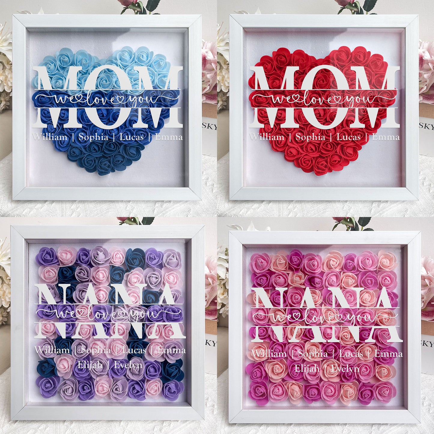 Personalized Flower Shadow box, Mothers Day Gifts For Grandma, Birthday Gifts For Mom, Nana, Mimi, Custom Kids Names