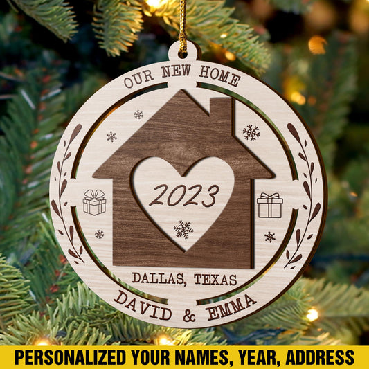 First Christmas New Home 3 Layered Piece Wooden Ornaments Custom Name, Year And Address, New House Gift, Family ornaments EPHG-51694