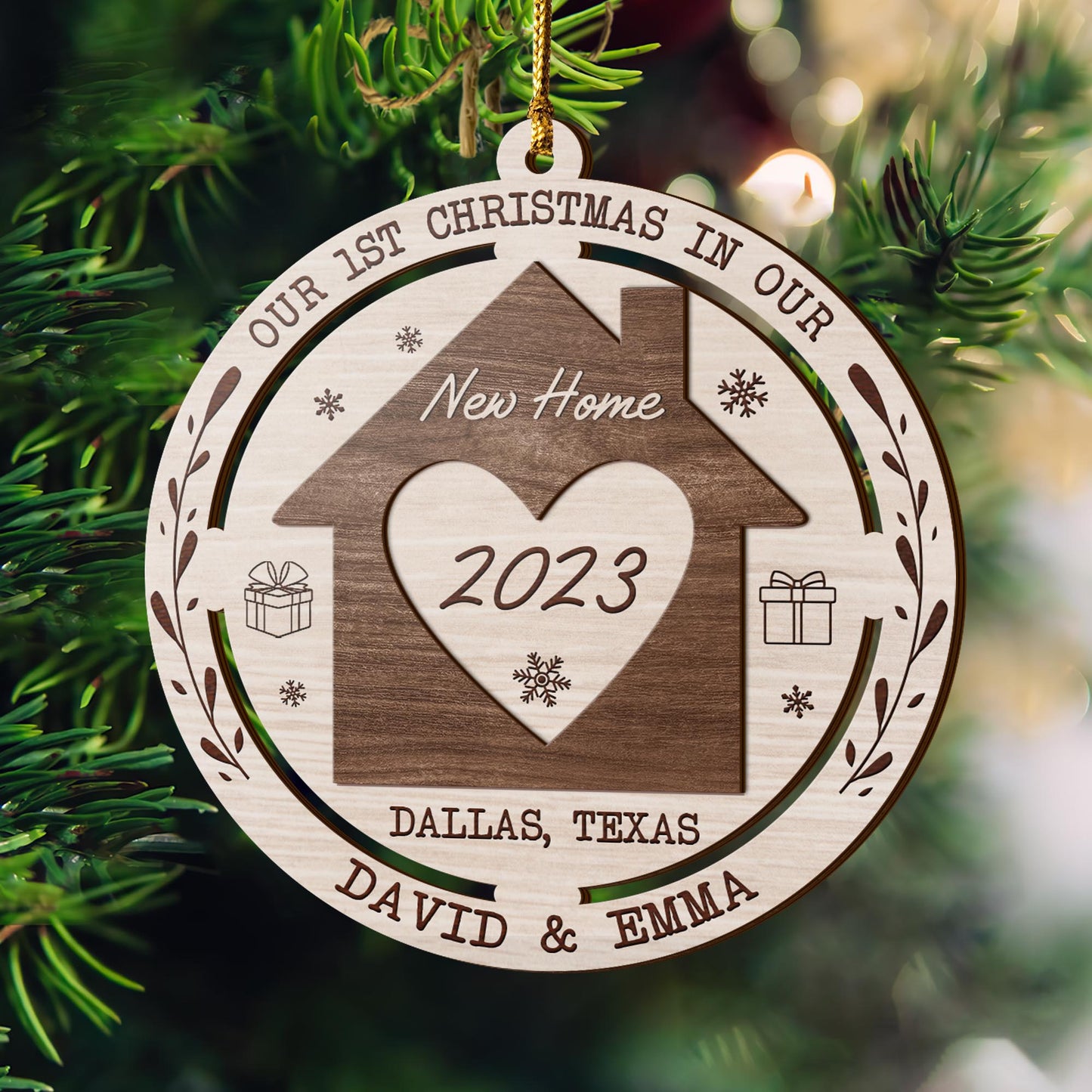 First Christmas New Home 3 Layered Piece Wooden Ornaments Custom Name, Year And Address, New House Gift, Family ornaments EPHG-51694