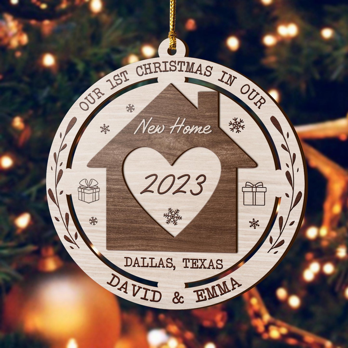 First Christmas New Home 3 Layered Piece Wooden Ornaments Custom Name, Year And Address, New House Gift, Family ornaments EPHG-51694