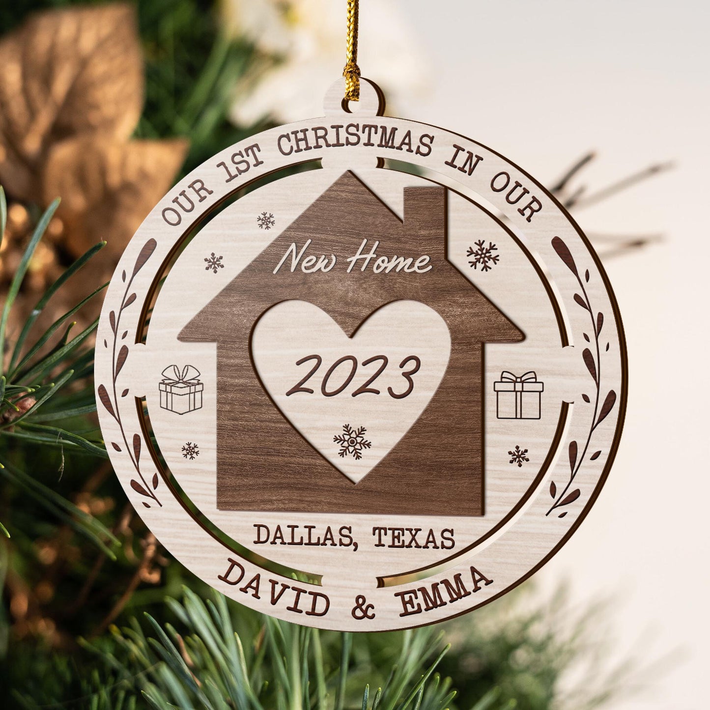 First Christmas New Home 3 Layered Piece Wooden Ornaments Custom Name, Year And Address, New House Gift, Family ornaments EPHG-51694