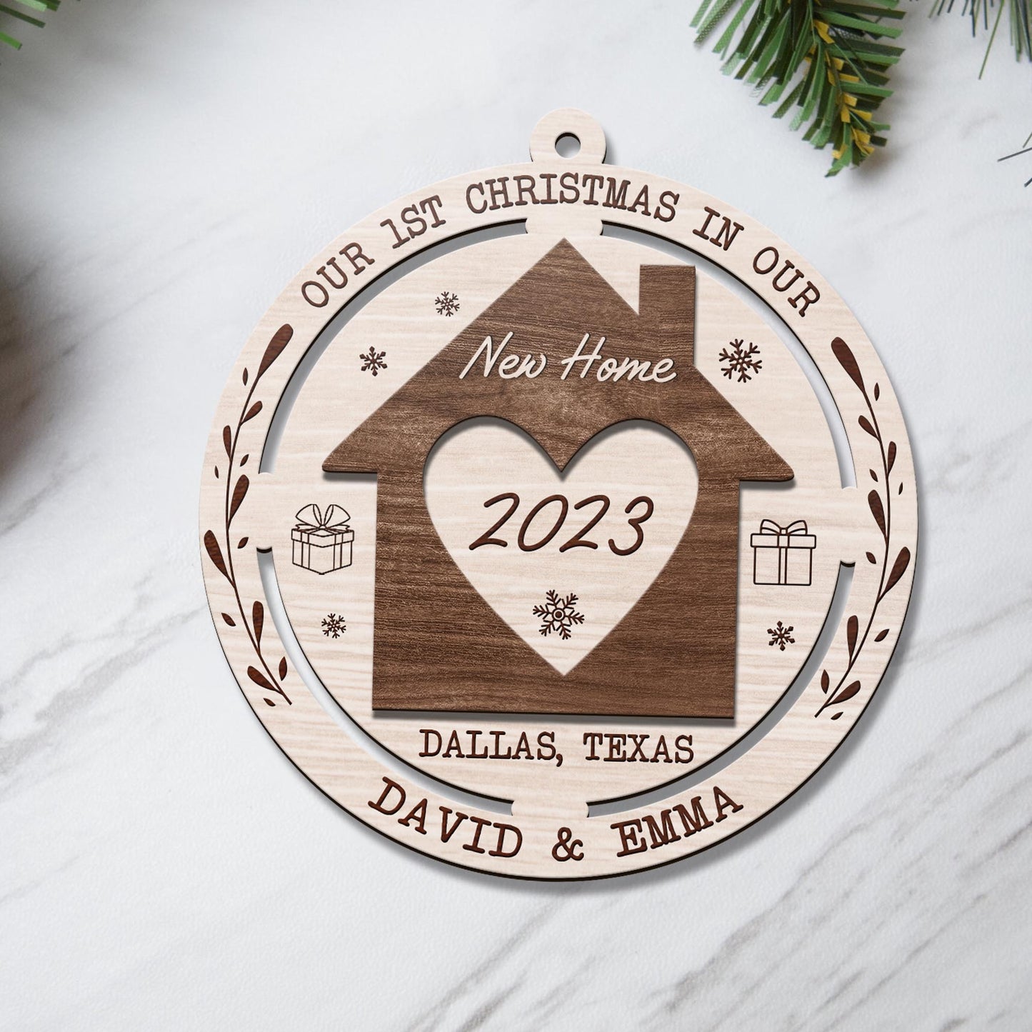 First Christmas New Home 3 Layered Piece Wooden Ornaments Custom Name, Year And Address, New House Gift, Family ornaments EPHG-51694