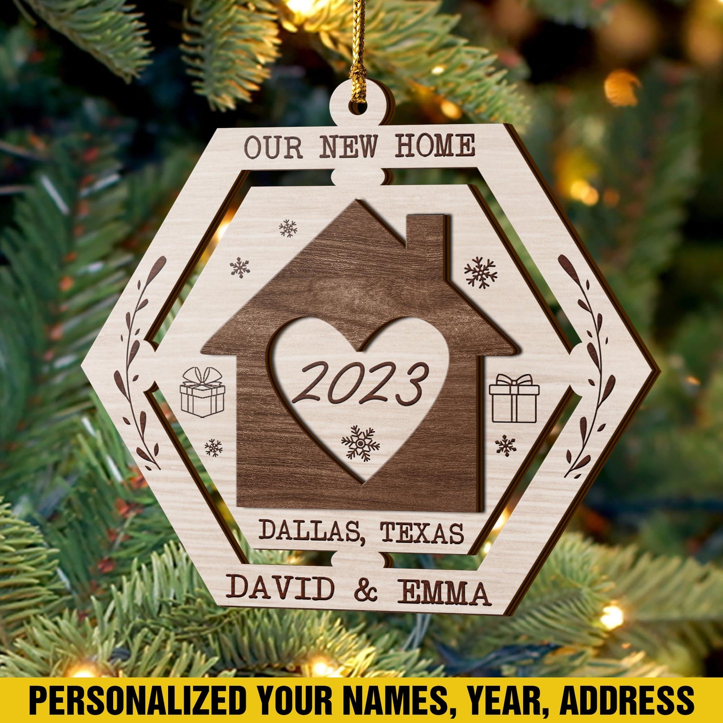 First Christmas New Home 3 Layered Piece Wooden Ornaments Custom Name, Year And Address, New House Gift, Family ornaments EPHG-51694