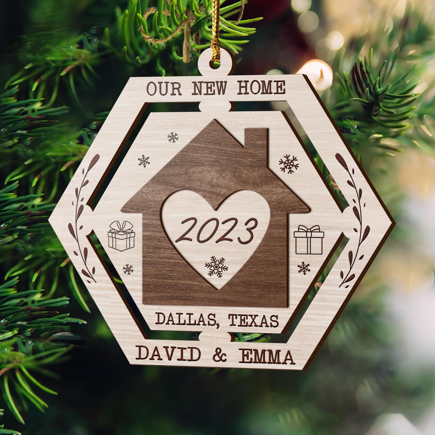 First Christmas New Home 3 Layered Piece Wooden Ornaments Custom Name, Year And Address, New House Gift, Family ornaments EPHG-51694