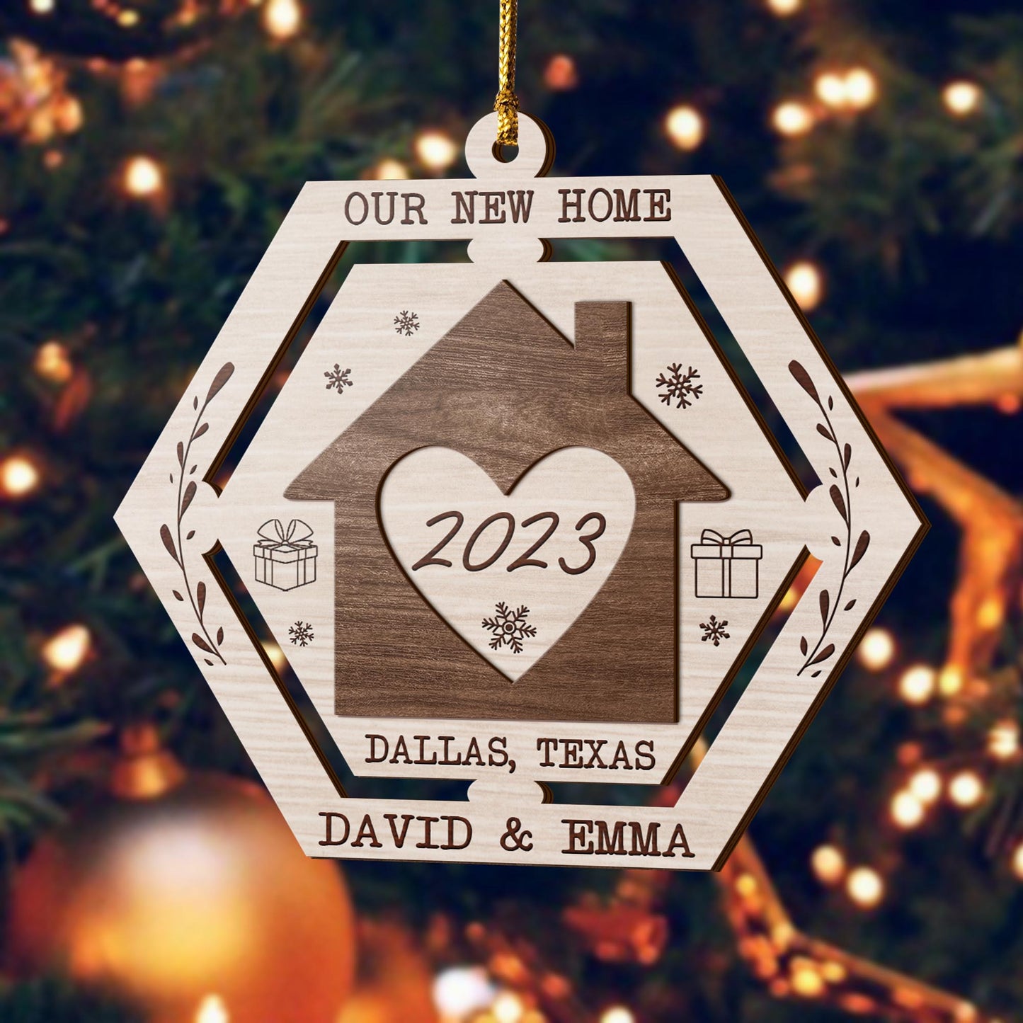 First Christmas New Home 3 Layered Piece Wooden Ornaments Custom Name, Year And Address, New House Gift, Family ornaments EPHG-51694