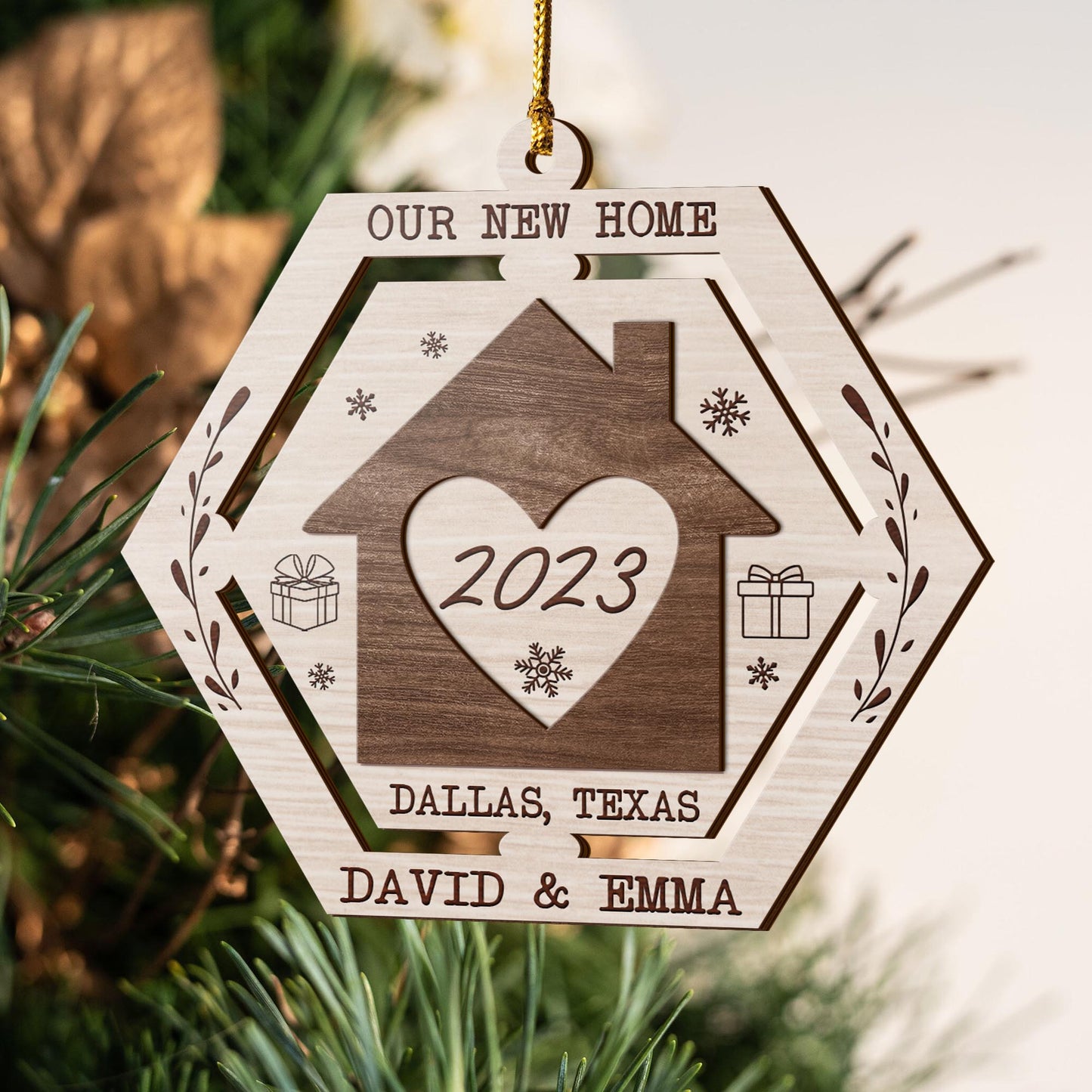 First Christmas New Home 3 Layered Piece Wooden Ornaments Custom Name, Year And Address, New House Gift, Family ornaments EPHG-51694