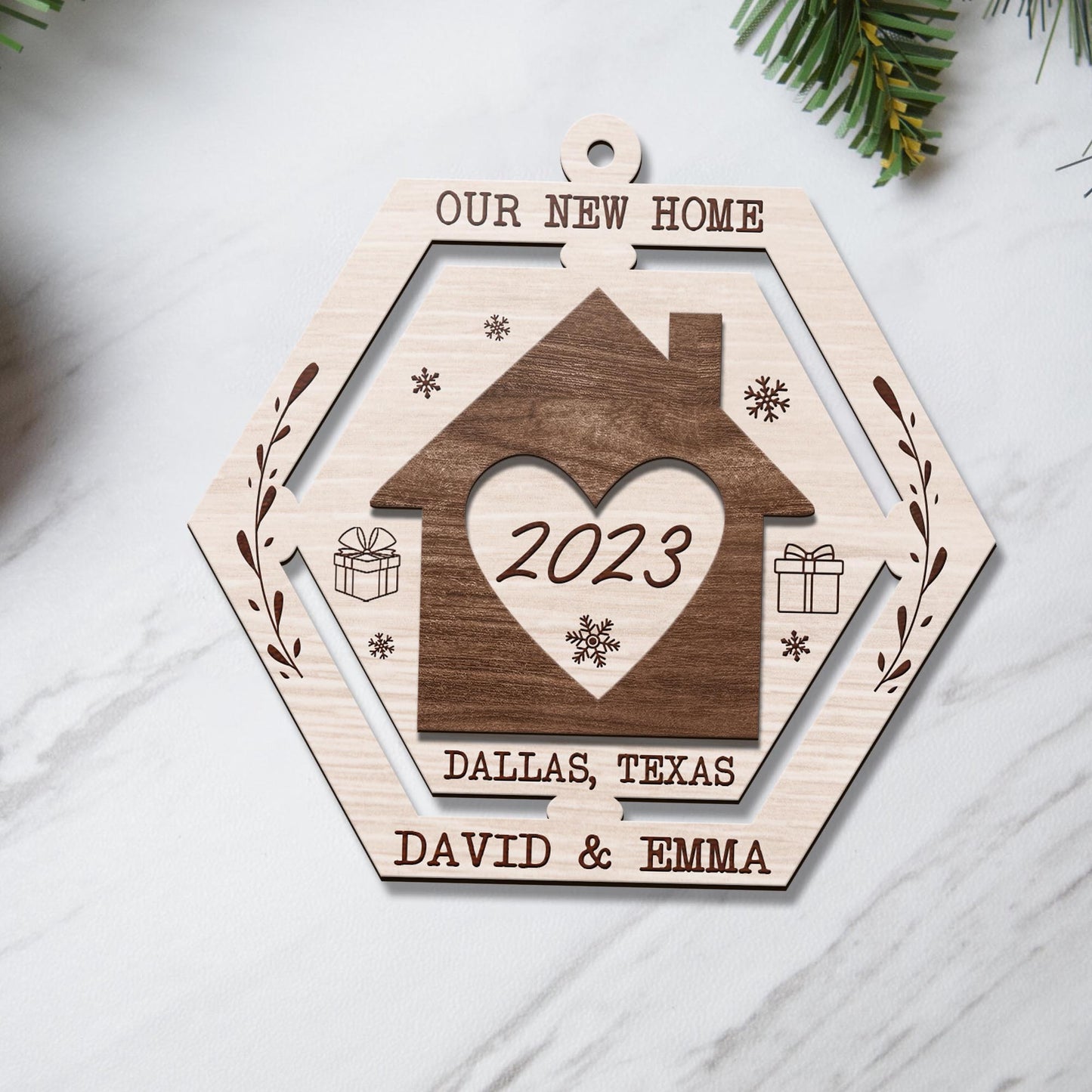 First Christmas New Home 3 Layered Piece Wooden Ornaments Custom Name, Year And Address, New House Gift, Family ornaments EPHG-51694