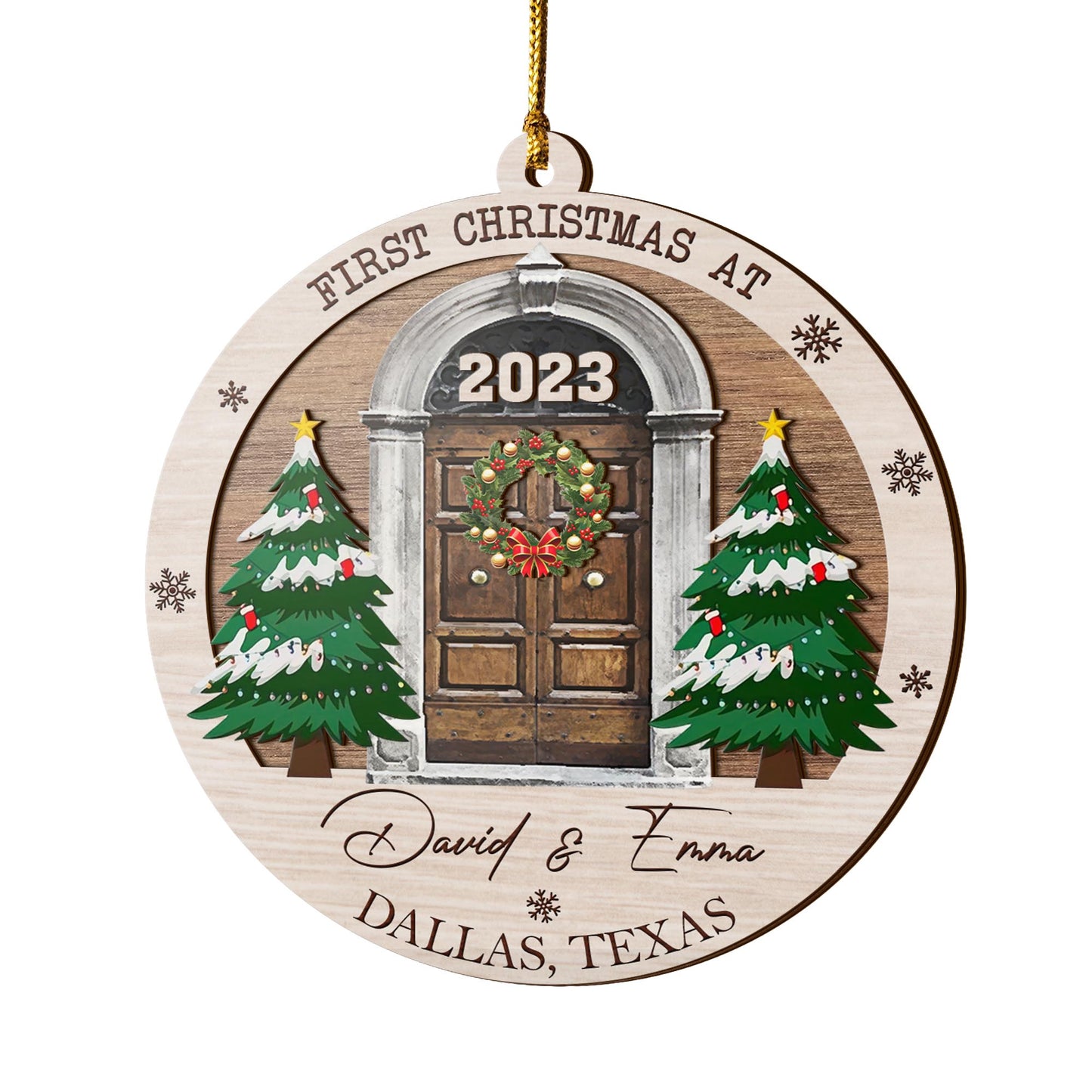 First Christmas New Home 3 Layered Piece Wooden Ornaments Custom Name, Year And Address, New House Gift, Family ornaments EPHG-51696