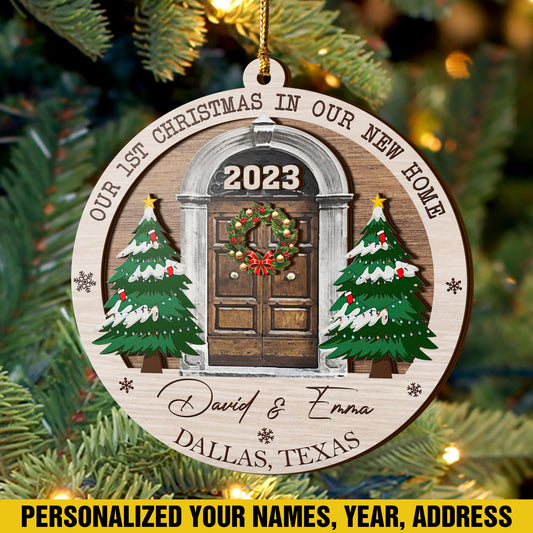 First Christmas New Home 3 Layered Piece Wooden Ornaments Custom Name, Year And Address, New House Gift, Family ornaments EPHG-51696