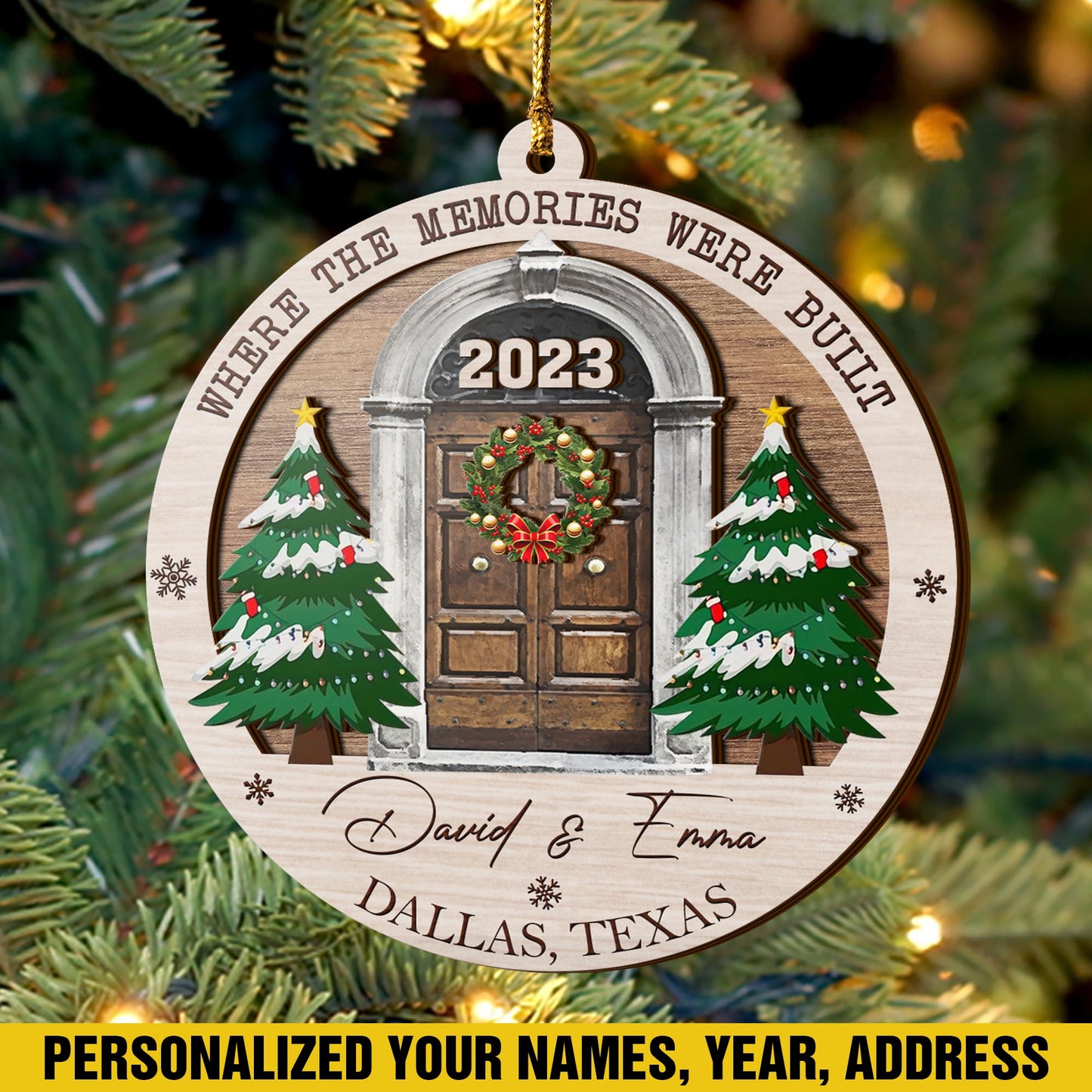 First Christmas New Home 3 Layered Piece Wooden Ornaments Custom Name, Year And Address, New House Gift, Family ornaments EPHG-51696