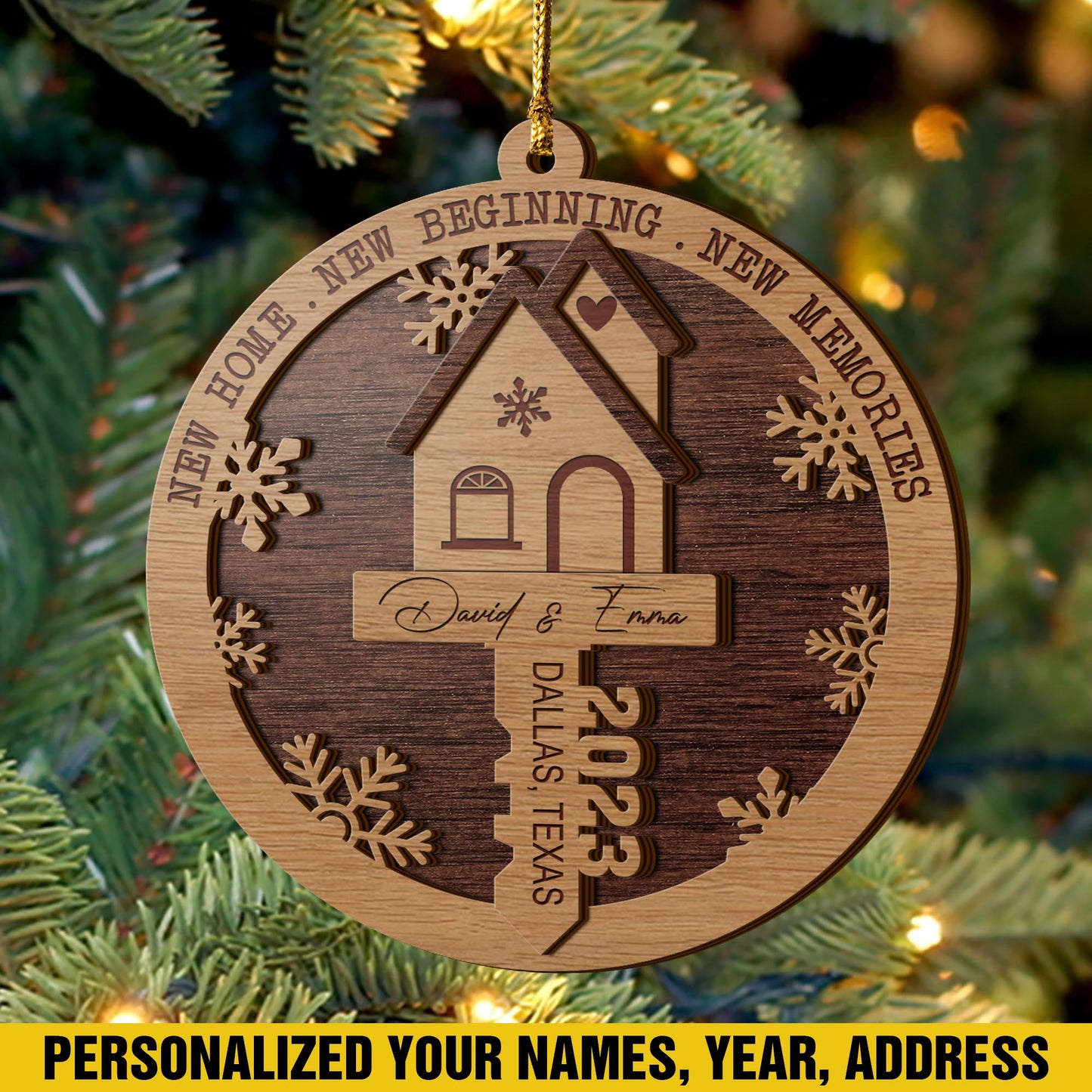 First Christmas New Home 3 Layered Piece Wooden Ornaments Custom Name, Year And Address, New House Gift, Family ornaments EPHG-51697