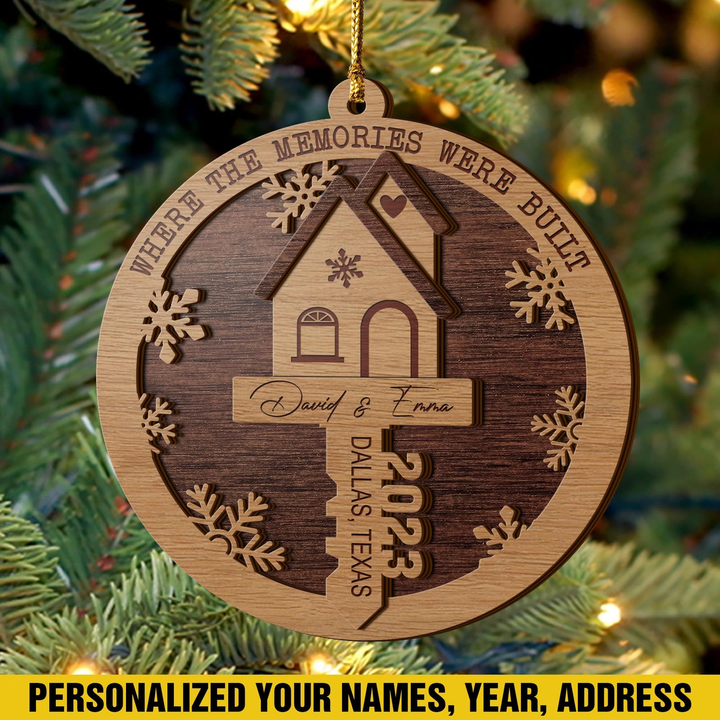 First Christmas New Home 3 Layered Piece Wooden Ornaments Custom Name, Year And Address, New House Gift, Family ornaments EPHG-51697