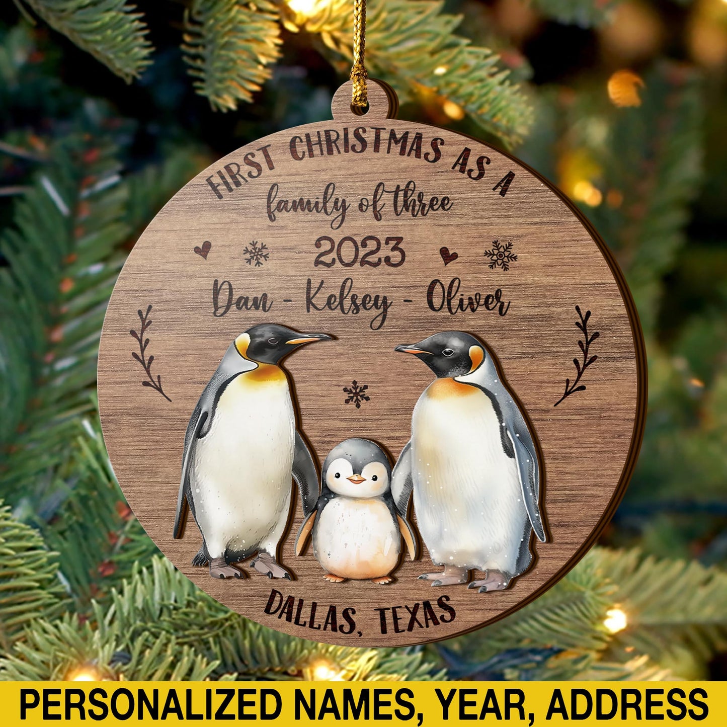 Baby First 3 Layered Piece Wooden Ornament Custom Name Year And Address, First Christmas As A Family Of Three, Baby's First Christmas, Gift For Family EPHG-51805