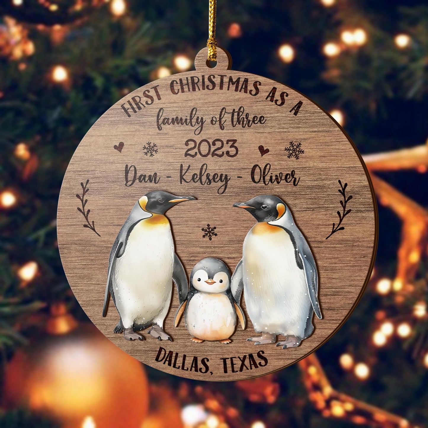 Baby First 3 Layered Piece Wooden Ornament Custom Name Year And Address, First Christmas As A Family Of Three, Baby's First Christmas, Gift For Family EPHG-51805