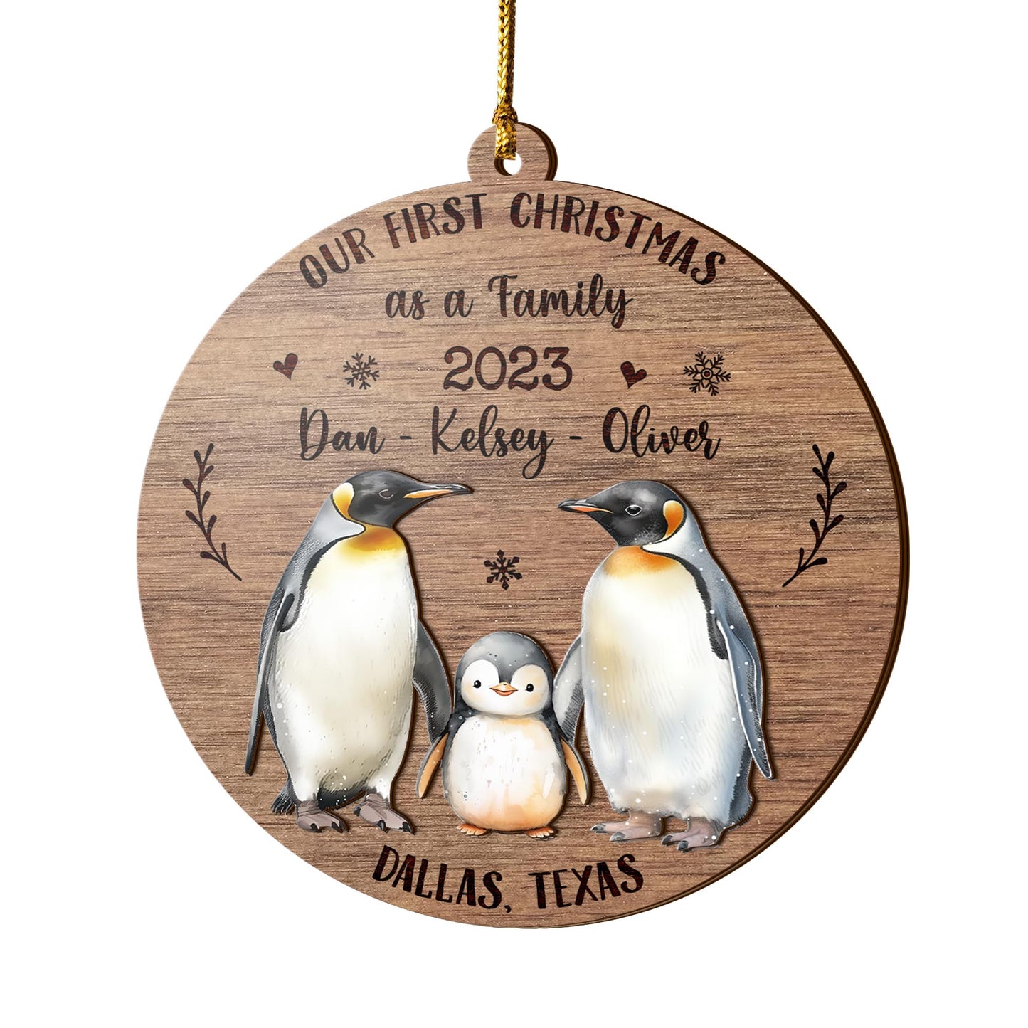 Baby First 3 Layered Piece Wooden Ornament Custom Name Year And Address, First Christmas As A Family Of Three, Baby's First Christmas, Gift For Family EPHG-51805