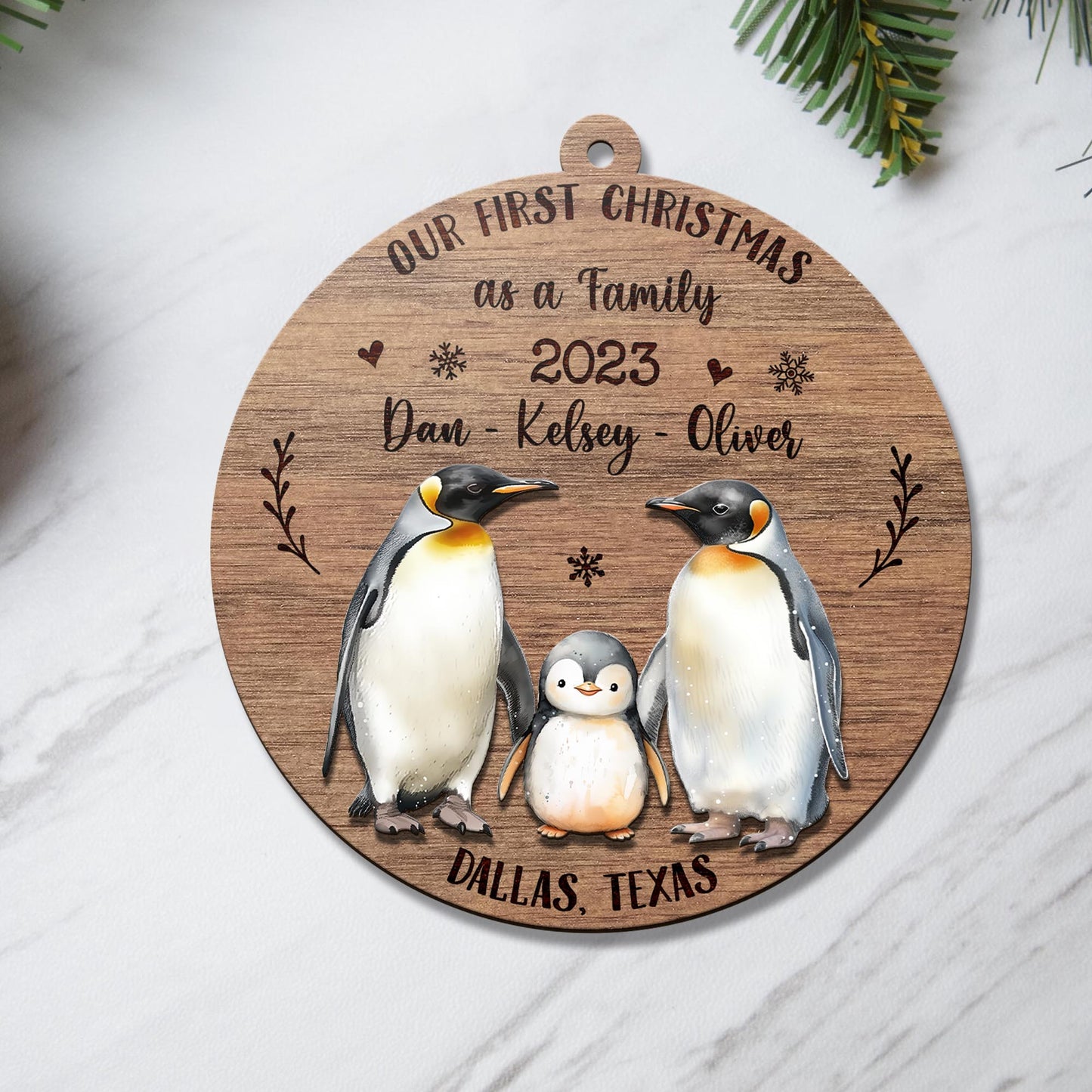 Baby First 3 Layered Piece Wooden Ornament Custom Name Year And Address, First Christmas As A Family Of Three, Baby's First Christmas, Gift For Family EPHG-51805