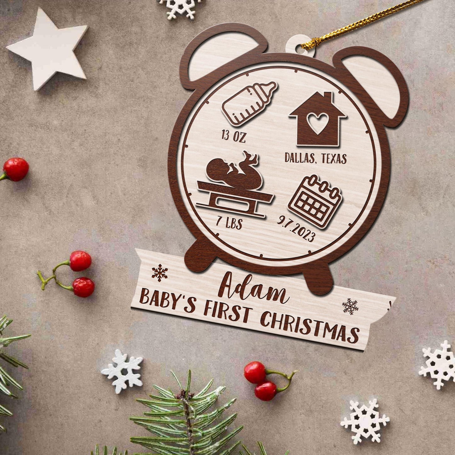 Baby’s First Christmas 3 Layered Piece Wooden Ornaments Custom Name, Date, LBS, And Address, Gift For Family, Christmas Ornaments EPHG-51807