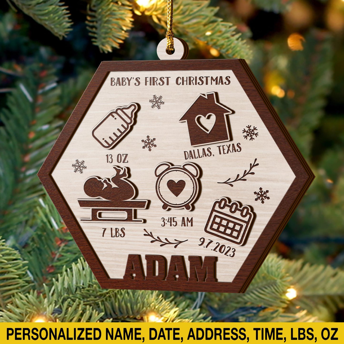 Baby’s First Christmas 3 Layered Piece Wooden Ornaments Custom Name, Date, LBS, And Address, Gift For Family, Christmas Ornaments EPHG-51807