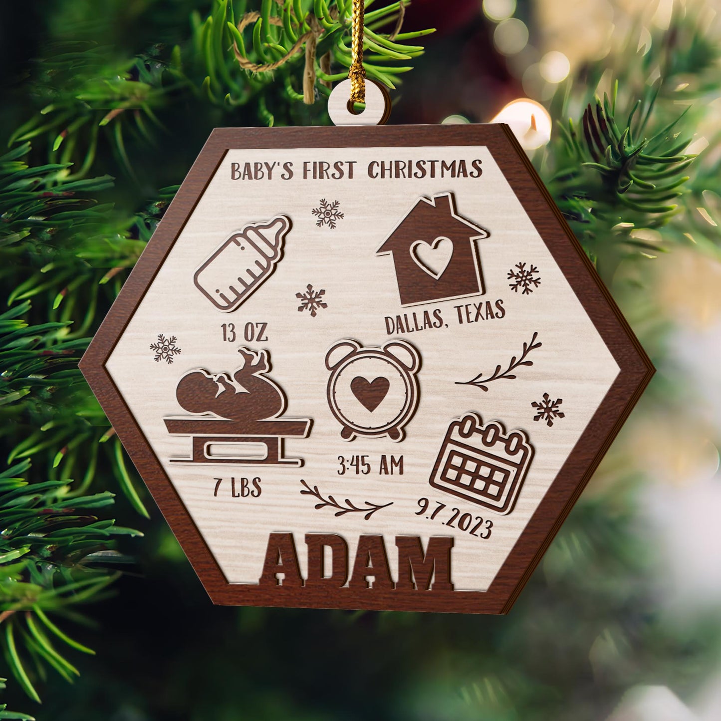 Baby’s First Christmas 3 Layered Piece Wooden Ornaments Custom Name, Date, LBS, And Address, Gift For Family, Christmas Ornaments EPHG-51807