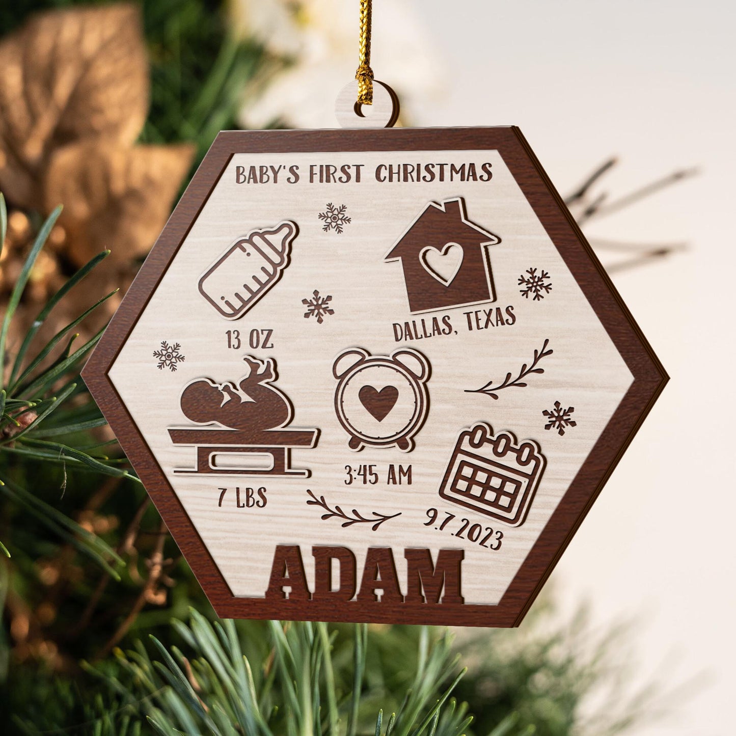 Baby’s First Christmas 3 Layered Piece Wooden Ornaments Custom Name, Date, LBS, And Address, Gift For Family, Christmas Ornaments EPHG-51807