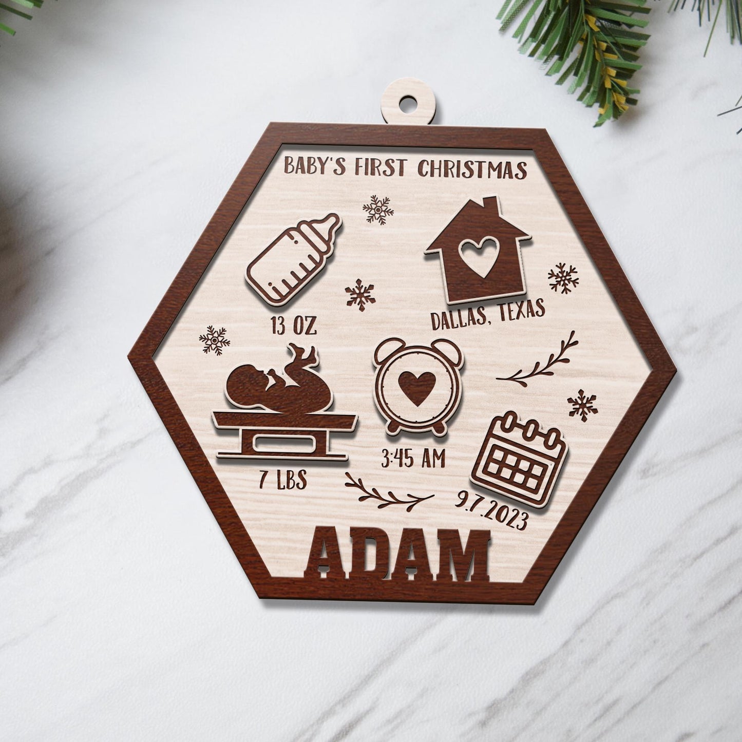 Baby’s First Christmas 3 Layered Piece Wooden Ornaments Custom Name, Date, LBS, And Address, Gift For Family, Christmas Ornaments EPHG-51807