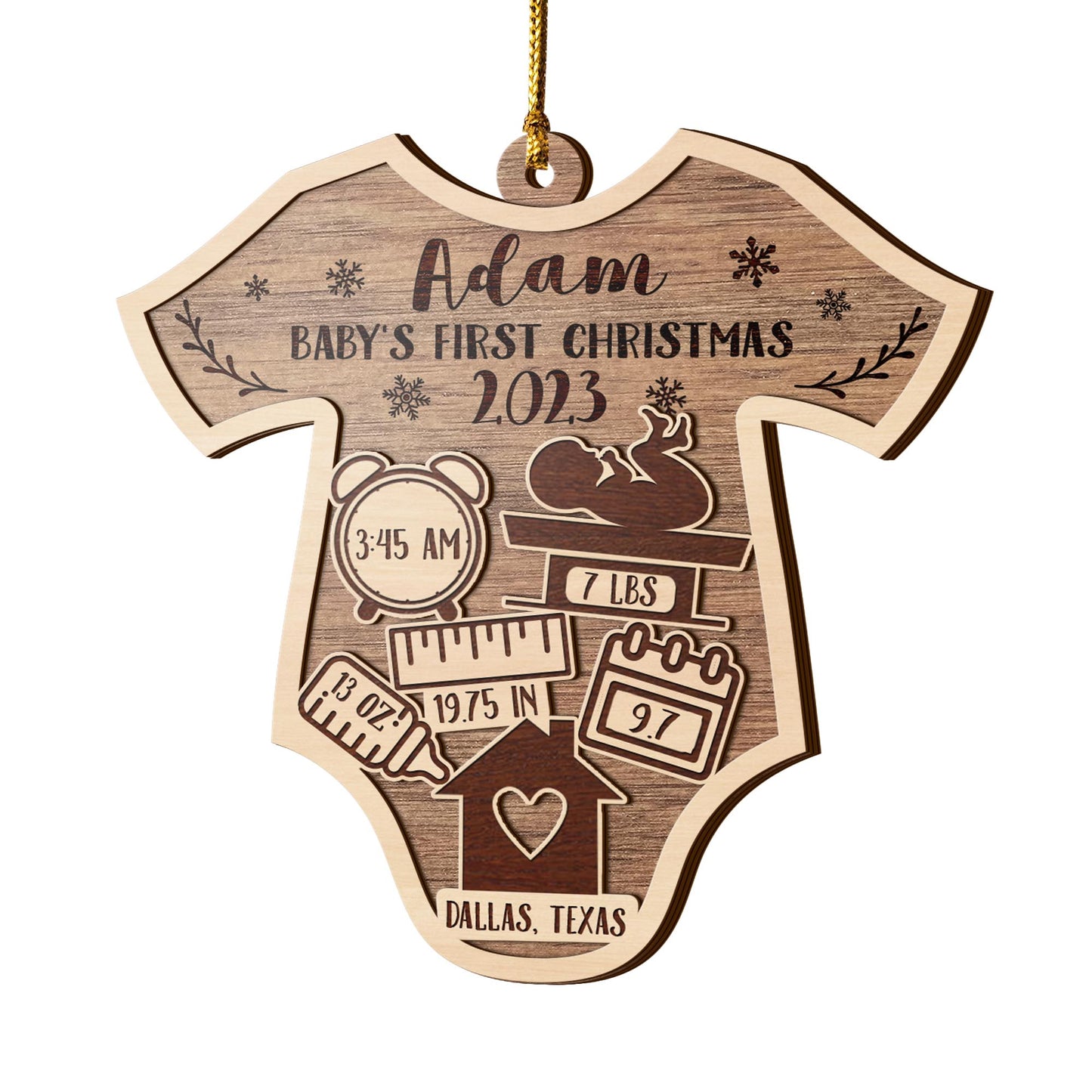 Baby’s First Christmas 3 Layered Piece Wooden Ornaments Custom Name, Date, LBS, And Address, Christmas Ornaments, Gift For Family EPHG-51886