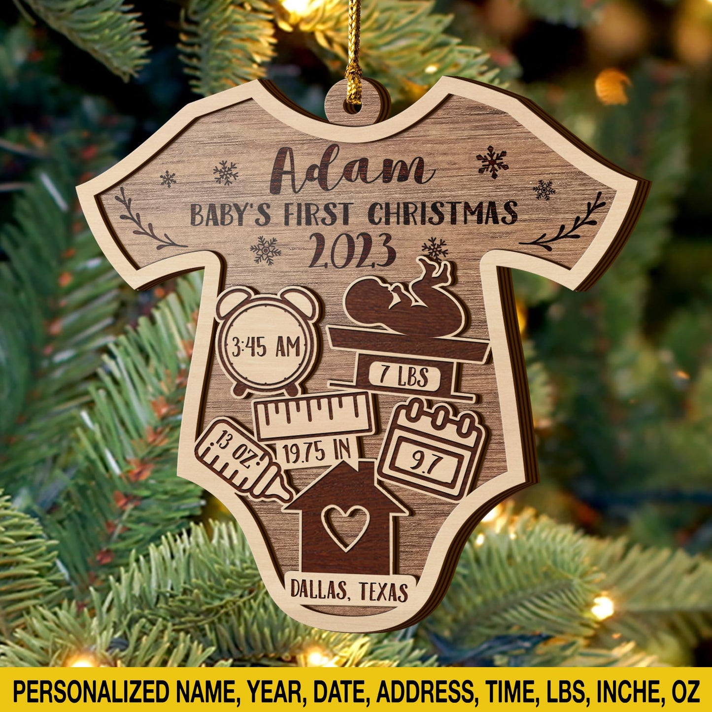 Baby’s First Christmas 3 Layered Piece Wooden Ornaments Custom Name, Date, LBS, And Address, Christmas Ornaments, Gift For Family EPHG-51886