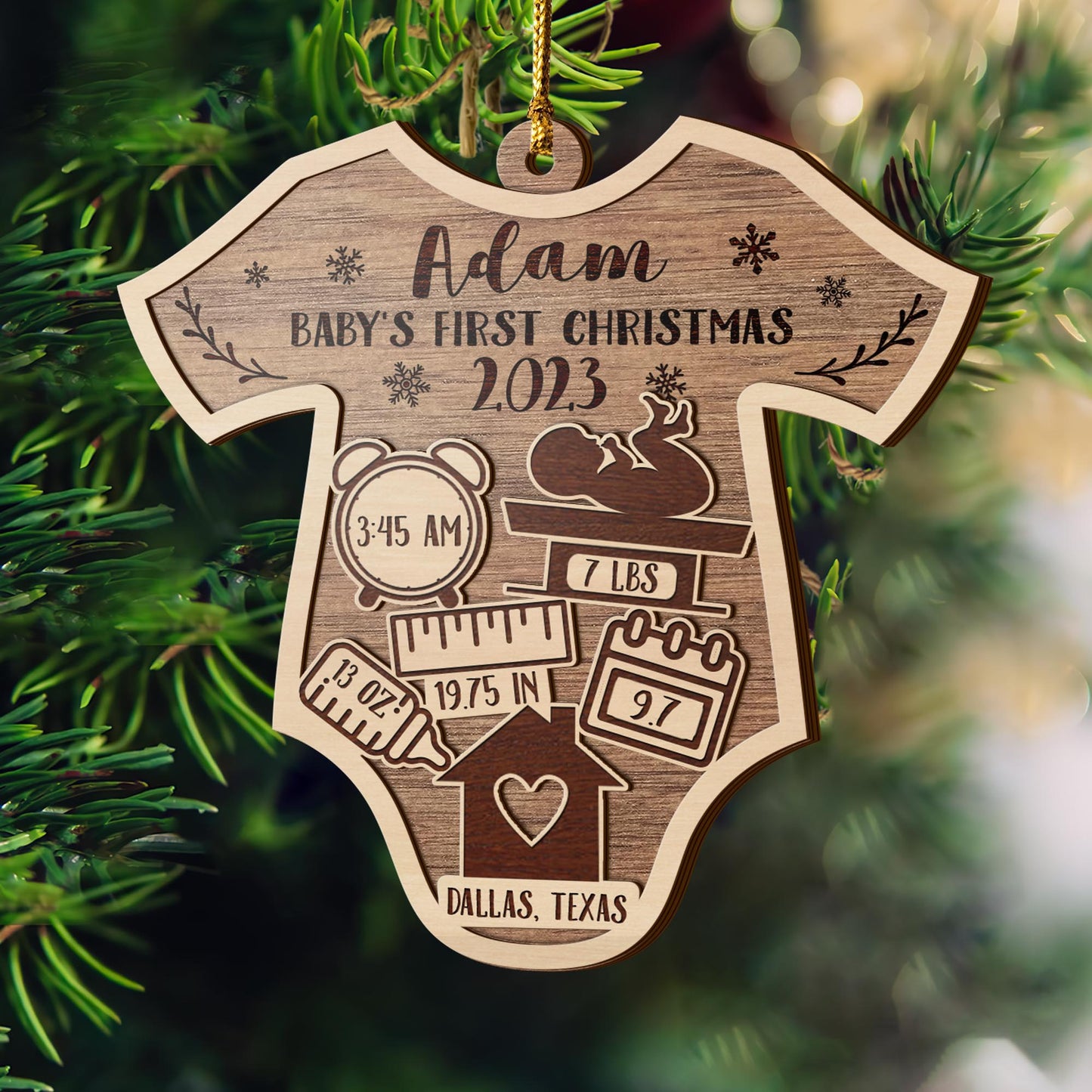 Baby’s First Christmas 3 Layered Piece Wooden Ornaments Custom Name, Date, LBS, And Address, Christmas Ornaments, Gift For Family EPHG-51886