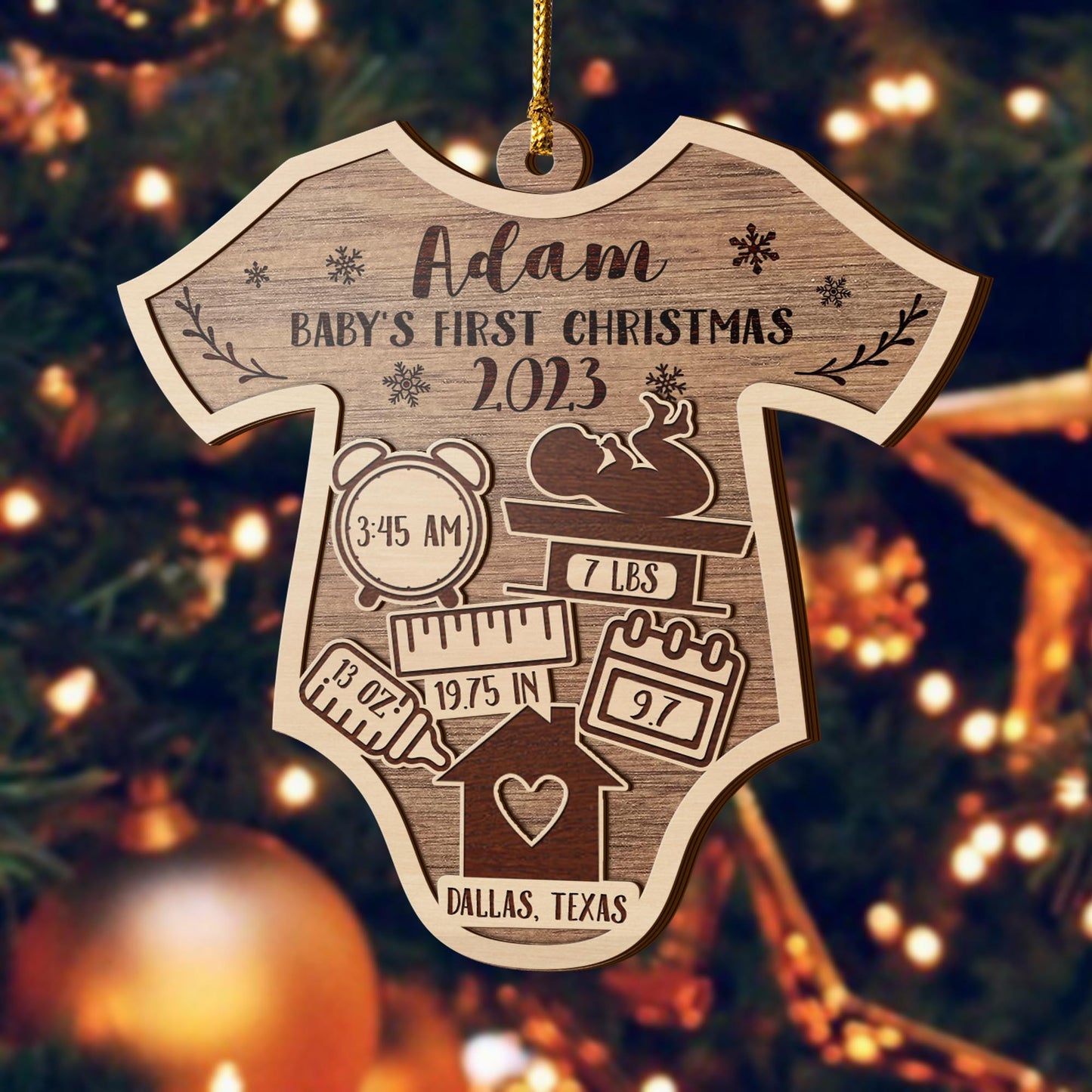 Baby’s First Christmas 3 Layered Piece Wooden Ornaments Custom Name, Date, LBS, And Address, Christmas Ornaments, Gift For Family EPHG-51886