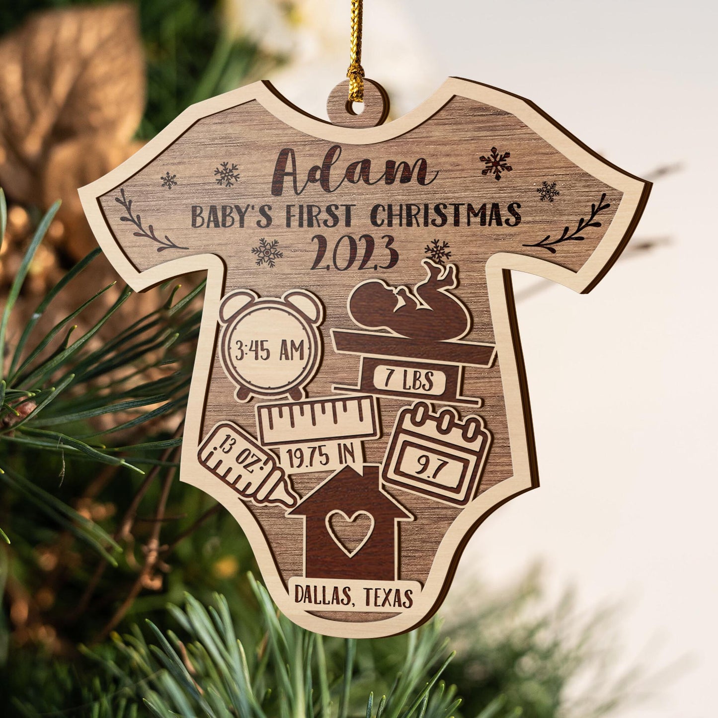 Baby’s First Christmas 3 Layered Piece Wooden Ornaments Custom Name, Date, LBS, And Address, Christmas Ornaments, Gift For Family EPHG-51886