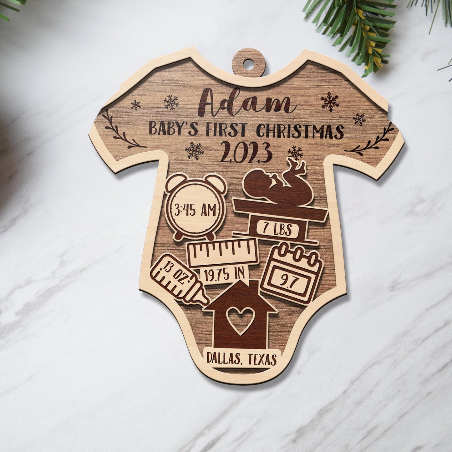 Baby’s First Christmas 3 Layered Piece Wooden Ornaments Custom Name, Date, LBS, And Address, Christmas Ornaments, Gift For Family EPHG-51886