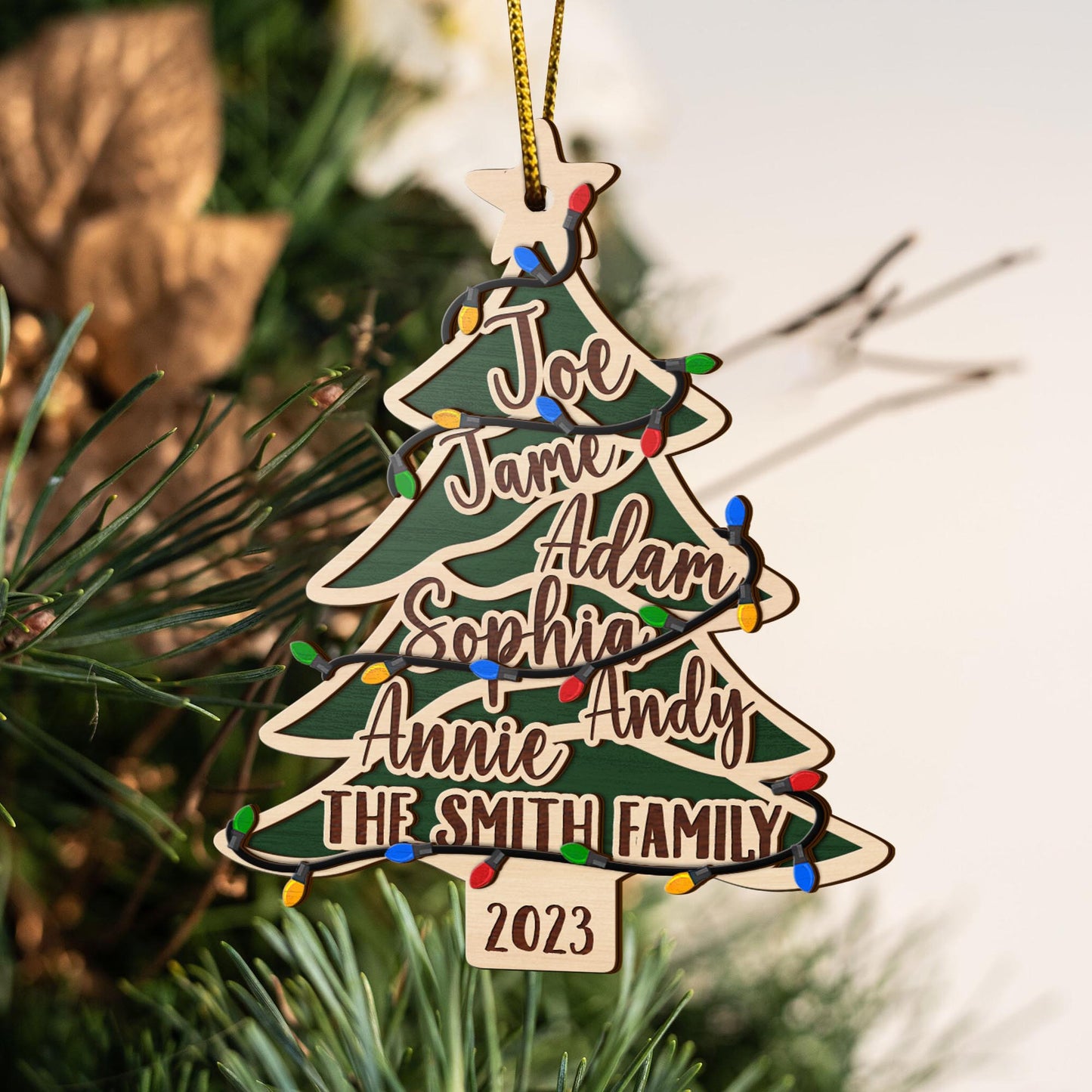 Family Christmas 3 Layered Piece Wooden Ornaments Custom Names, Dog’s Names And Year, Family Christmas Ornaments, Gift For Family EPHG-51945