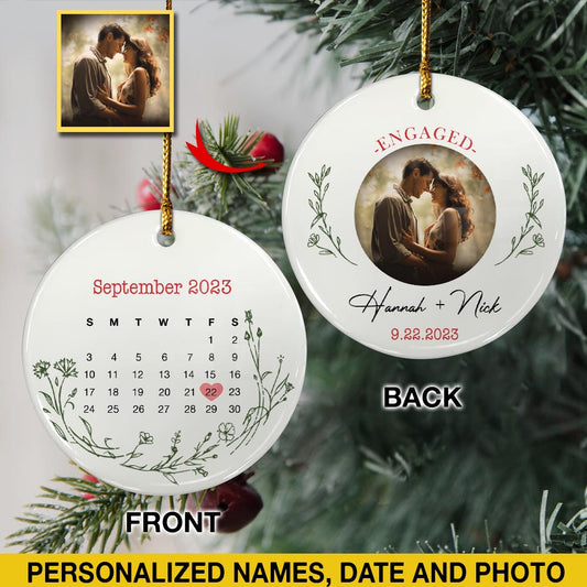 Engaged Christmas Ceramic Ornaments Custom Names, Date And Photo, Hanging Decorations EPHG-52037