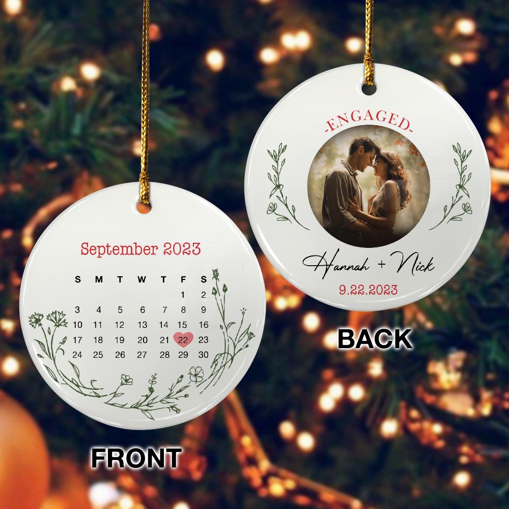 Engaged Christmas Ceramic Ornaments Custom Names, Date And Photo, Hanging Decorations EPHG-52037