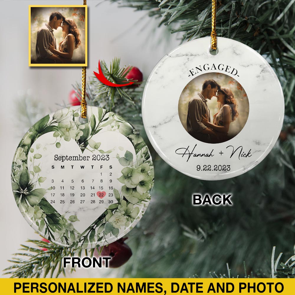 Engaged Christmas Ceramic Ornaments Custom Names, Date And Photo, Hanging Decorations EPHG-52082