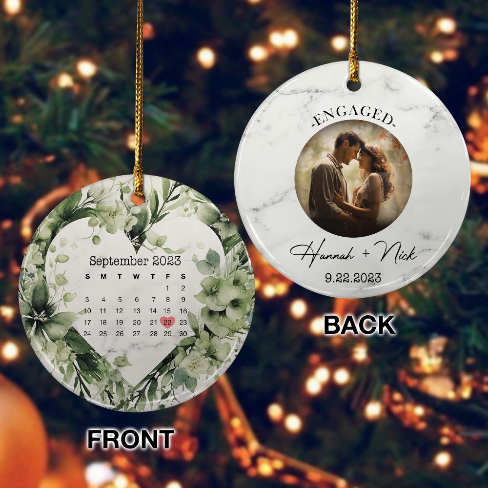 Engaged Christmas Ceramic Ornaments Custom Names, Date And Photo, Hanging Decorations EPHG-52082