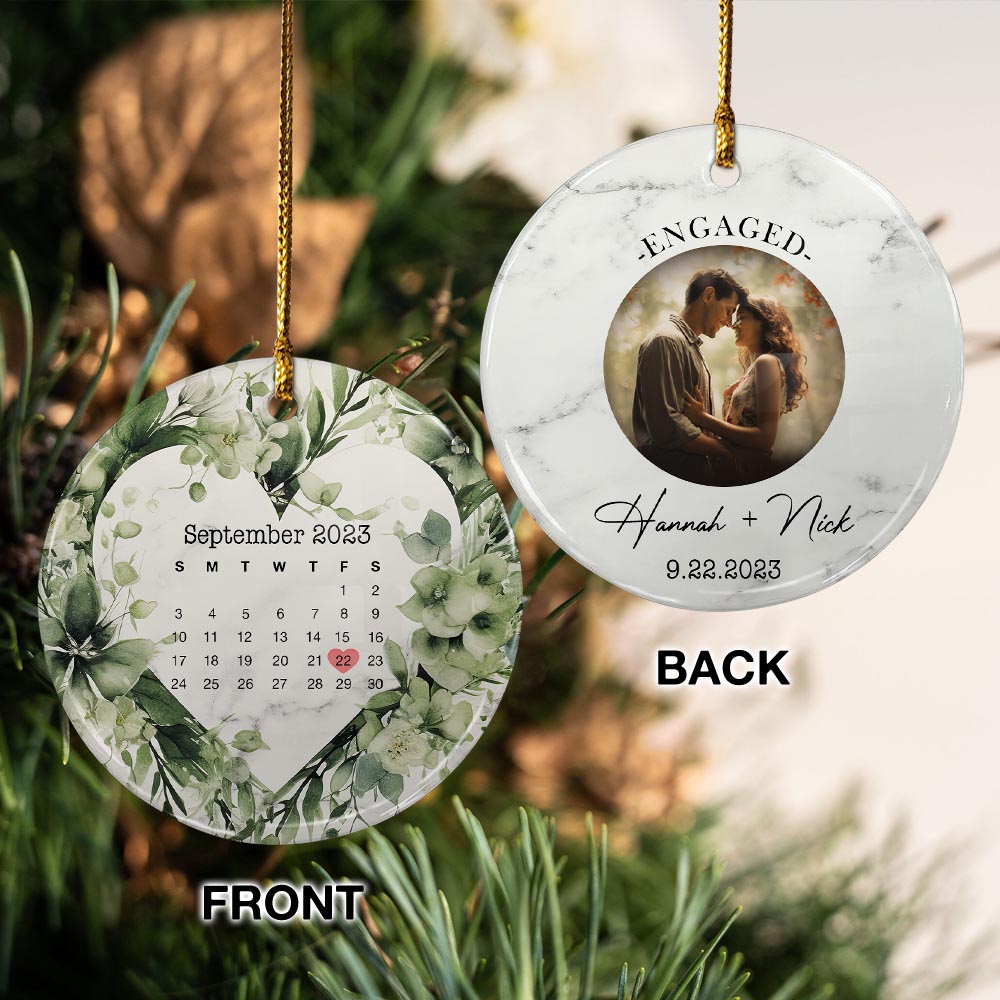 Engaged Christmas Ceramic Ornaments Custom Names, Date And Photo, Hanging Decorations EPHG-52082