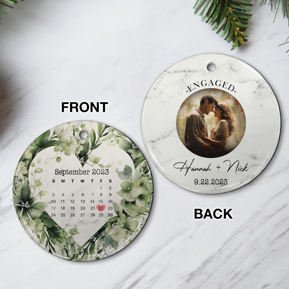 Engaged Christmas Ceramic Ornaments Custom Names, Date And Photo, Hanging Decorations EPHG-52082