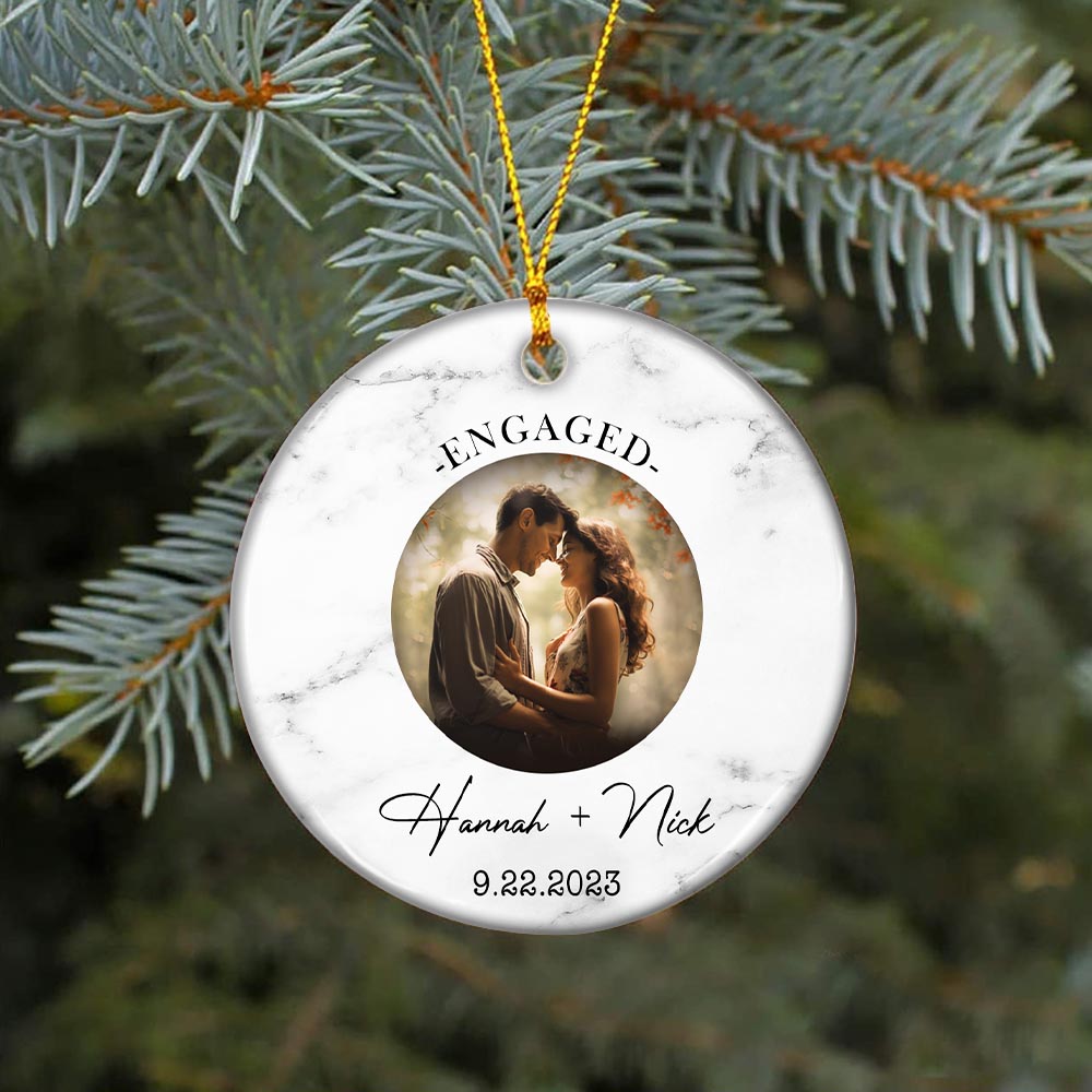 Engaged Christmas Ceramic Ornaments Custom Names, Date And Photo, Hanging Decorations EPHG-52082