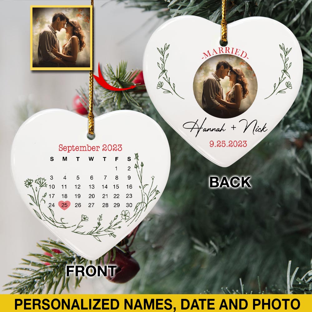 Engaged Christmas Ceramic Ornaments Custom Names, Date And Photo, Hanging Decorations EPHG-52089