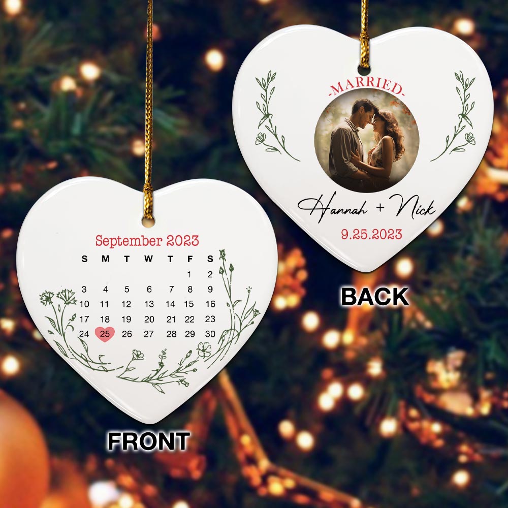 Engaged Christmas Ceramic Ornaments Custom Names, Date And Photo, Hanging Decorations EPHG-52089