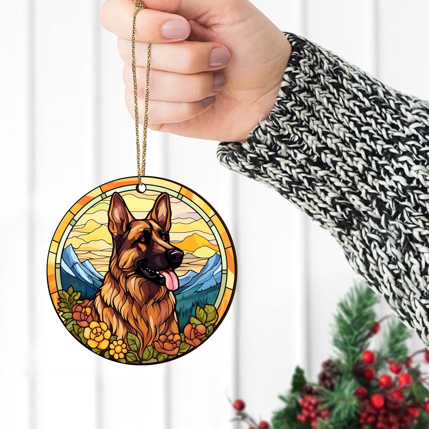 German Shepherd Wooden Ornaments 2 Sides, German Shepherd Ornaments For Christmas Tree, Christmas Tree Hanging, Christmas Decorations EPHG-52480