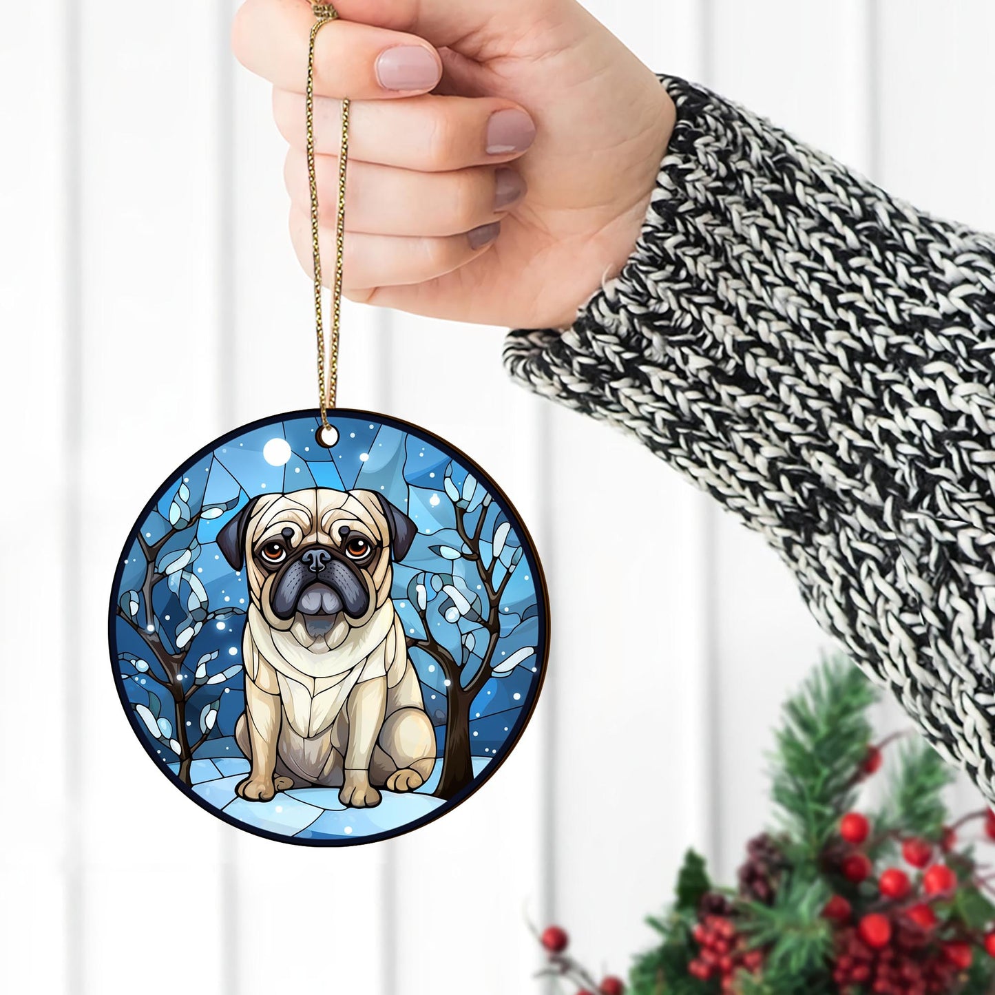 Pug Wooden Ornaments 2 Sides, Pug Ornaments For Christmas Tree, Christmas Tree Hanging, Christmas Decorations EPHG-52483