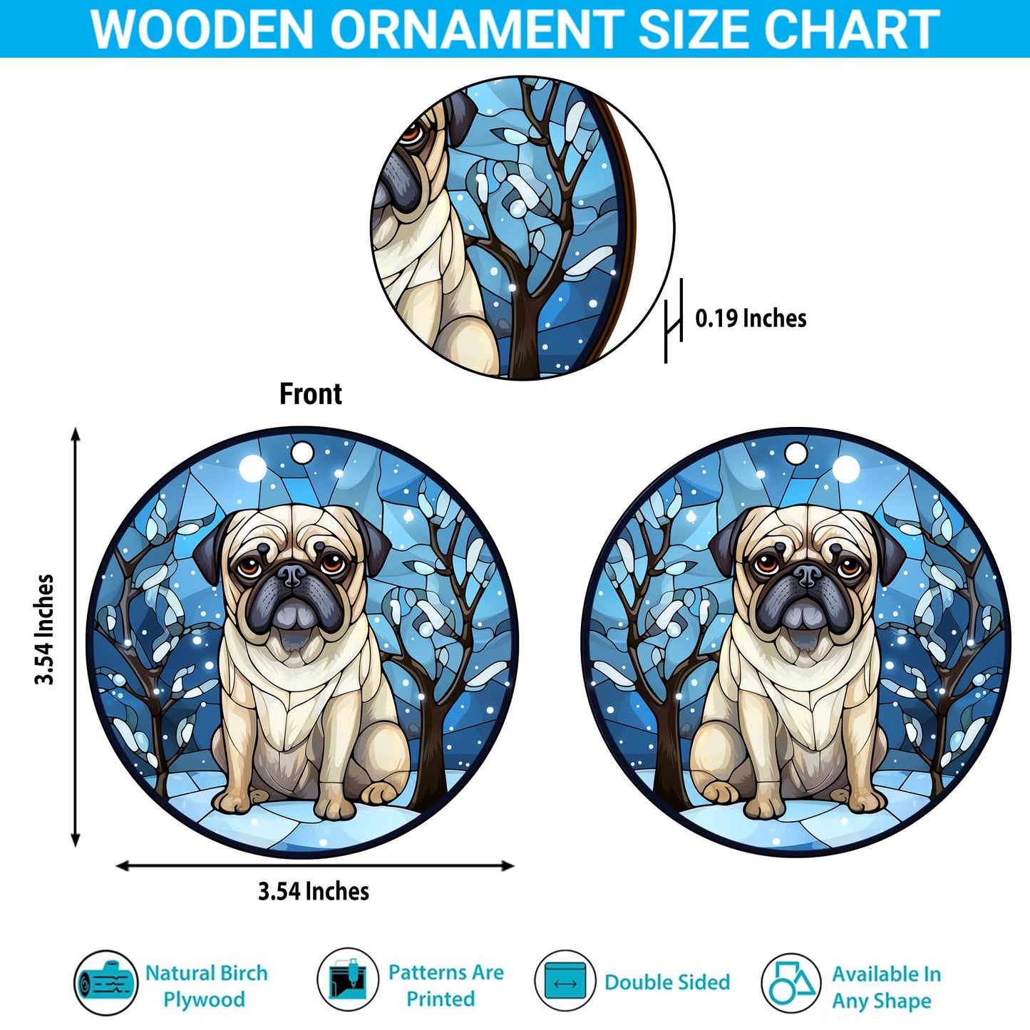 Pug Wooden Ornaments 2 Sides, Pug Ornaments For Christmas Tree, Christmas Tree Hanging, Christmas Decorations EPHG-52483