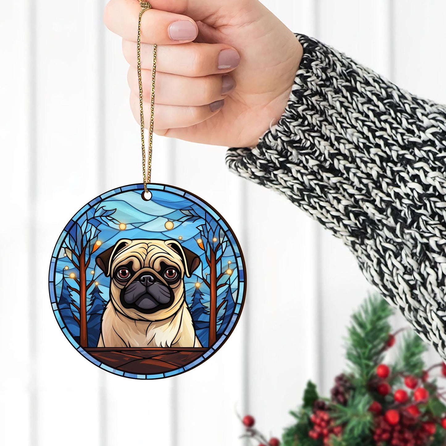 Pug Wooden Ornaments 2 Sides, Pug Ornaments For Christmas Tree, Christmas Tree Hanging, Christmas Decorations EPHG-52483