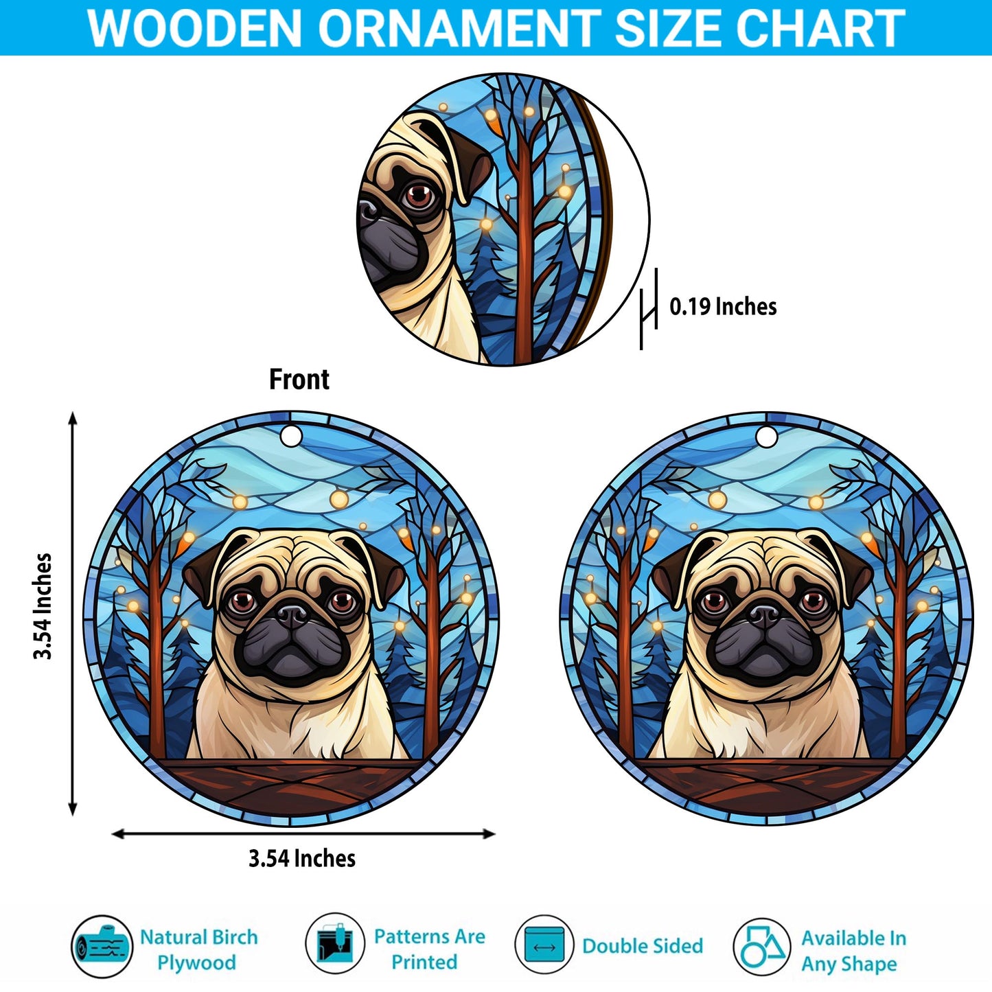 Pug Wooden Ornaments 2 Sides, Pug Ornaments For Christmas Tree, Christmas Tree Hanging, Christmas Decorations EPHG-52483