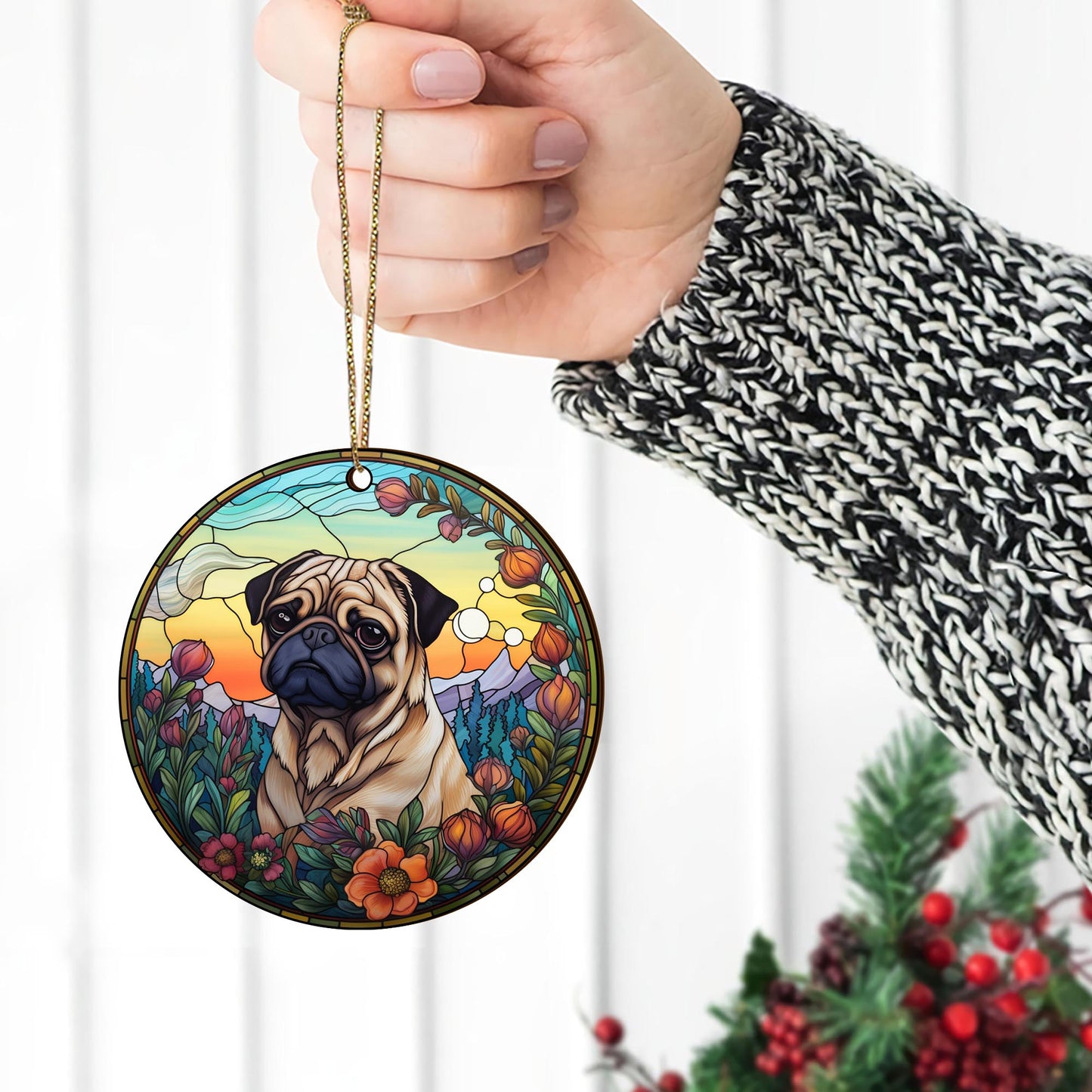 Pug Wooden Ornaments 2 Sides, Pug Ornaments For Christmas Tree, Christmas Tree Hanging, Christmas Decorations EPHG-52483