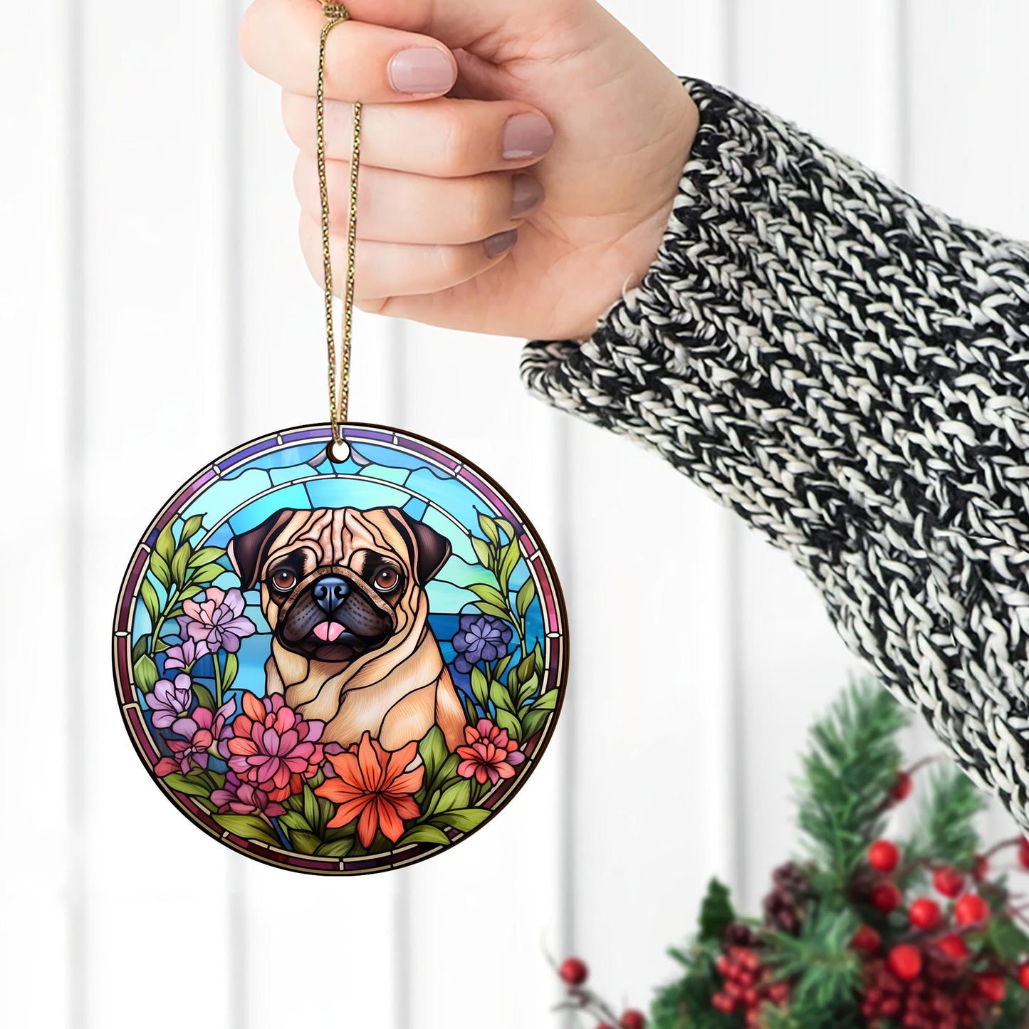 Pug Wooden Ornaments 2 Sides, Pug Ornaments For Christmas Tree, Christmas Tree Hanging, Christmas Decorations EPHG-52483