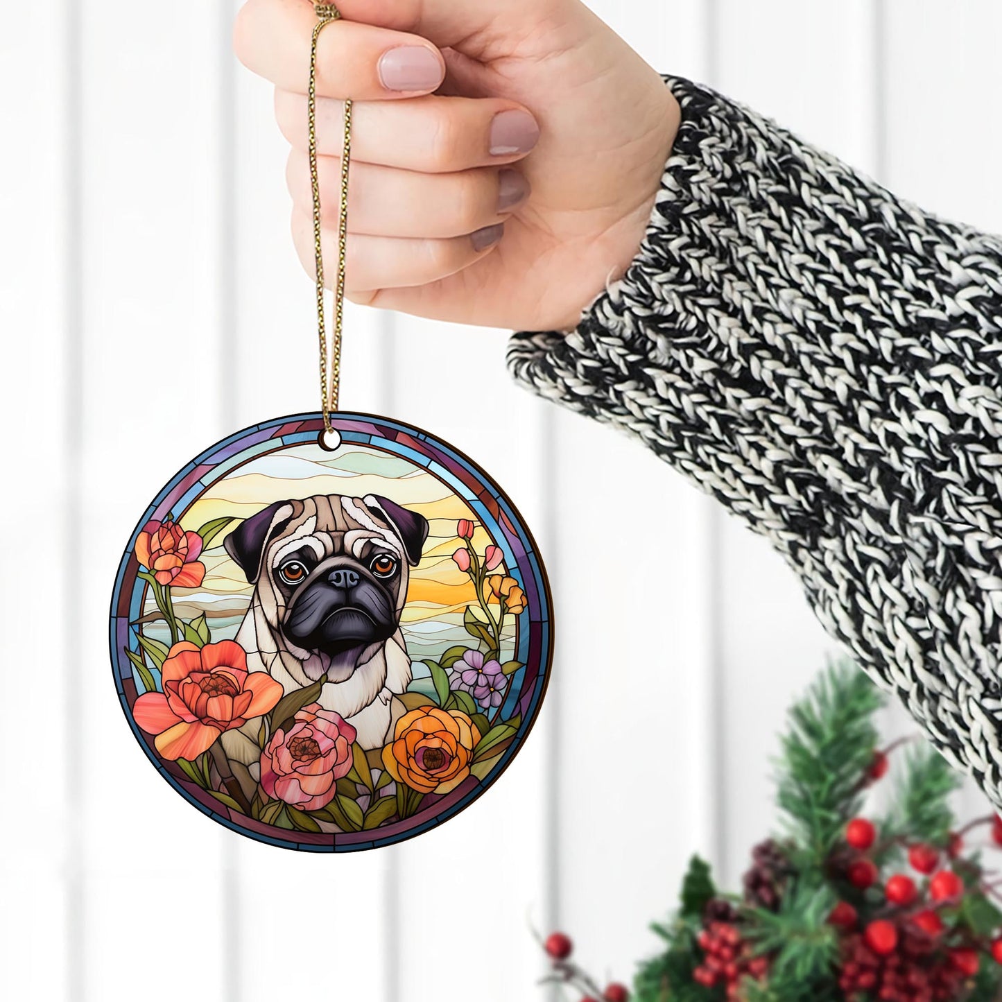 Pug Wooden Ornaments 2 Sides, Pug Ornaments For Christmas Tree, Christmas Tree Hanging, Christmas Decorations EPHG-52483