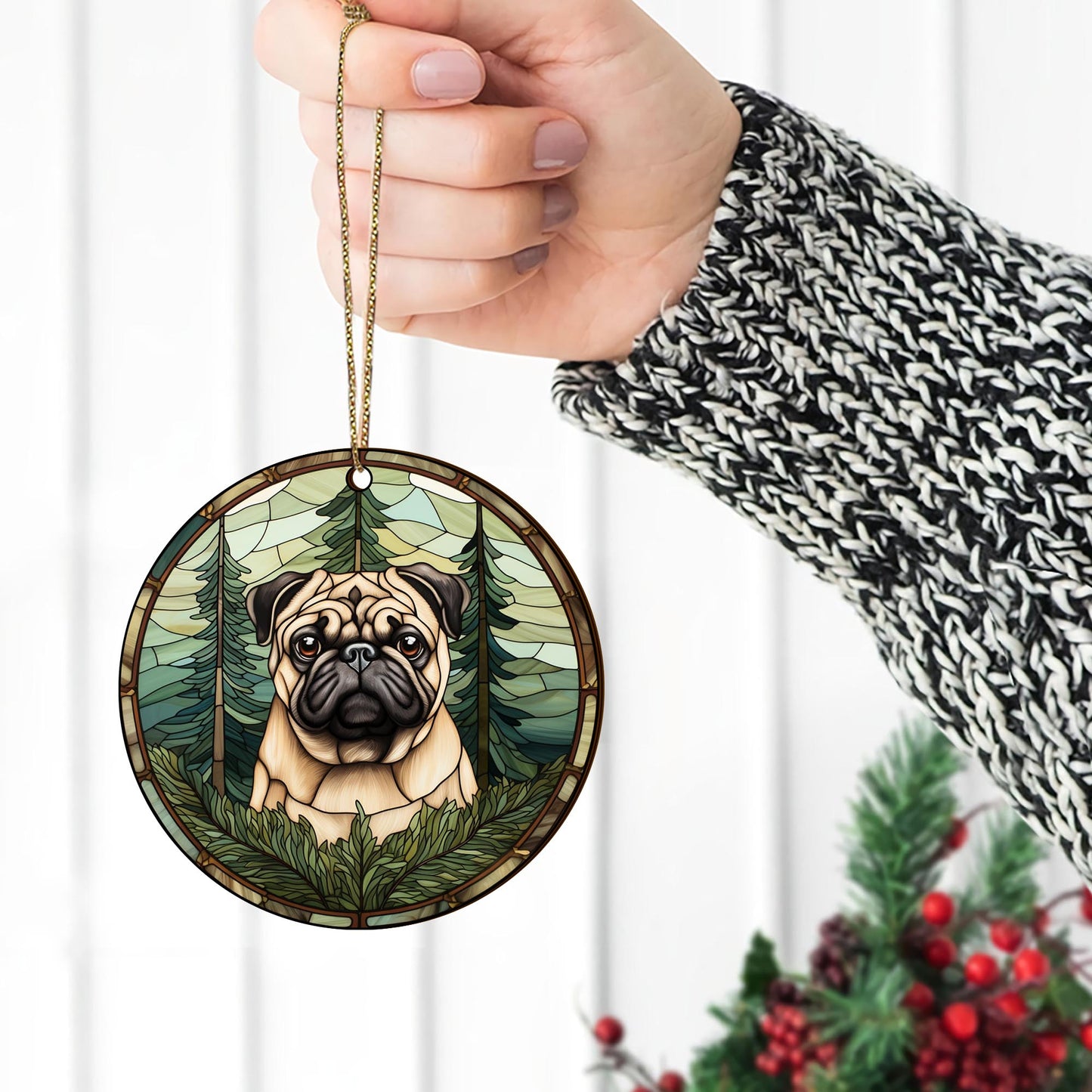 Pug Pug Wooden Ornaments 2 Sides, Pug Ornaments For Christmas Tree, Christmas Tree Hanging, Christmas Decorations EPHG-52483